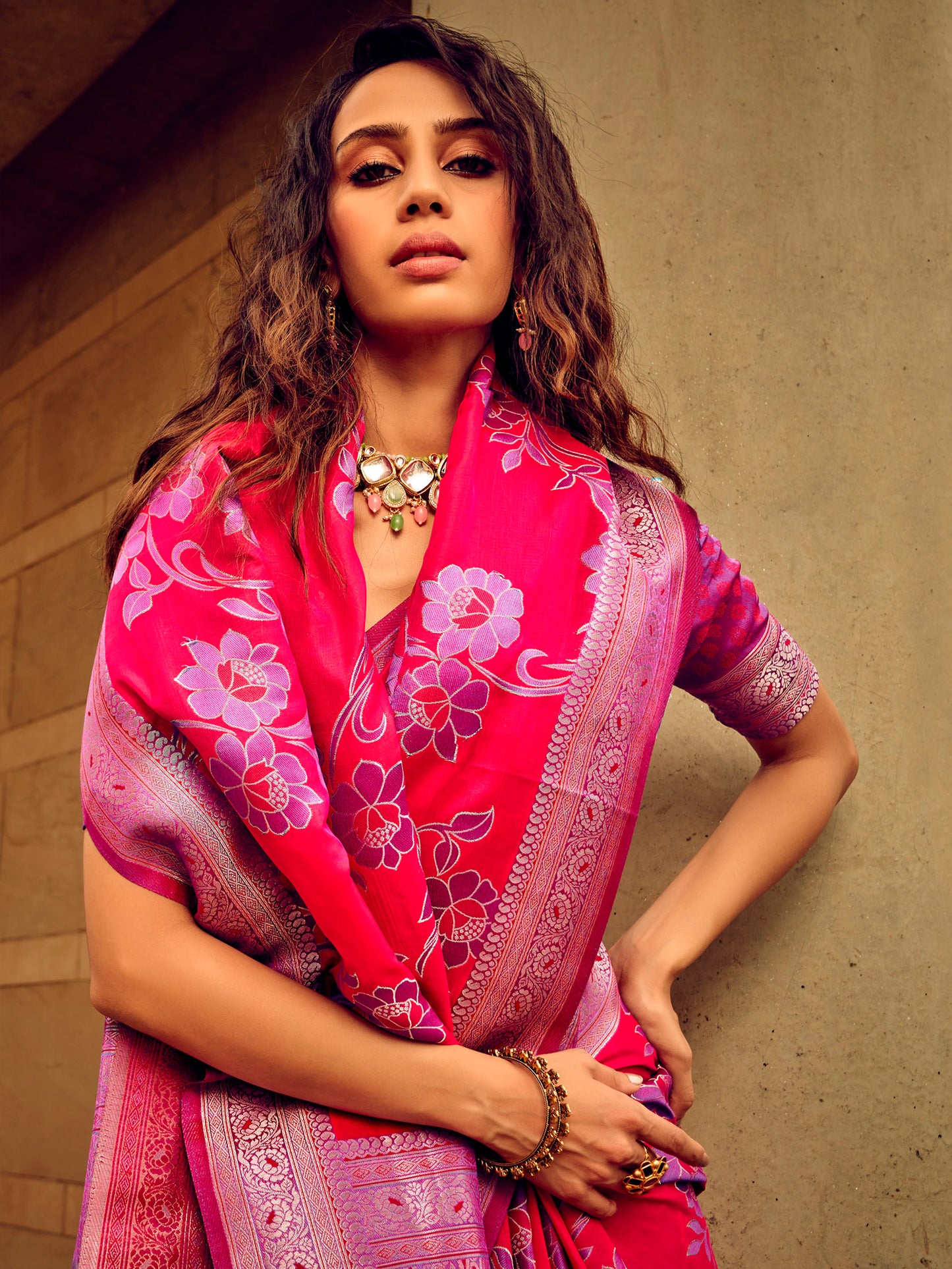 Women's Satin Silk Pink Woven Design Designer Saree With Blouse Piece