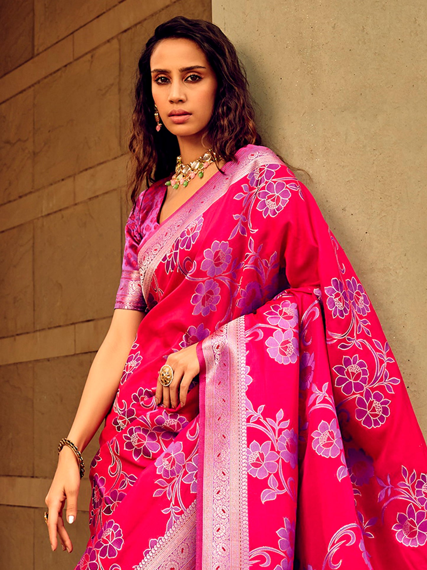 Women's Satin Silk Pink Woven Design Designer Saree With Blouse Piece