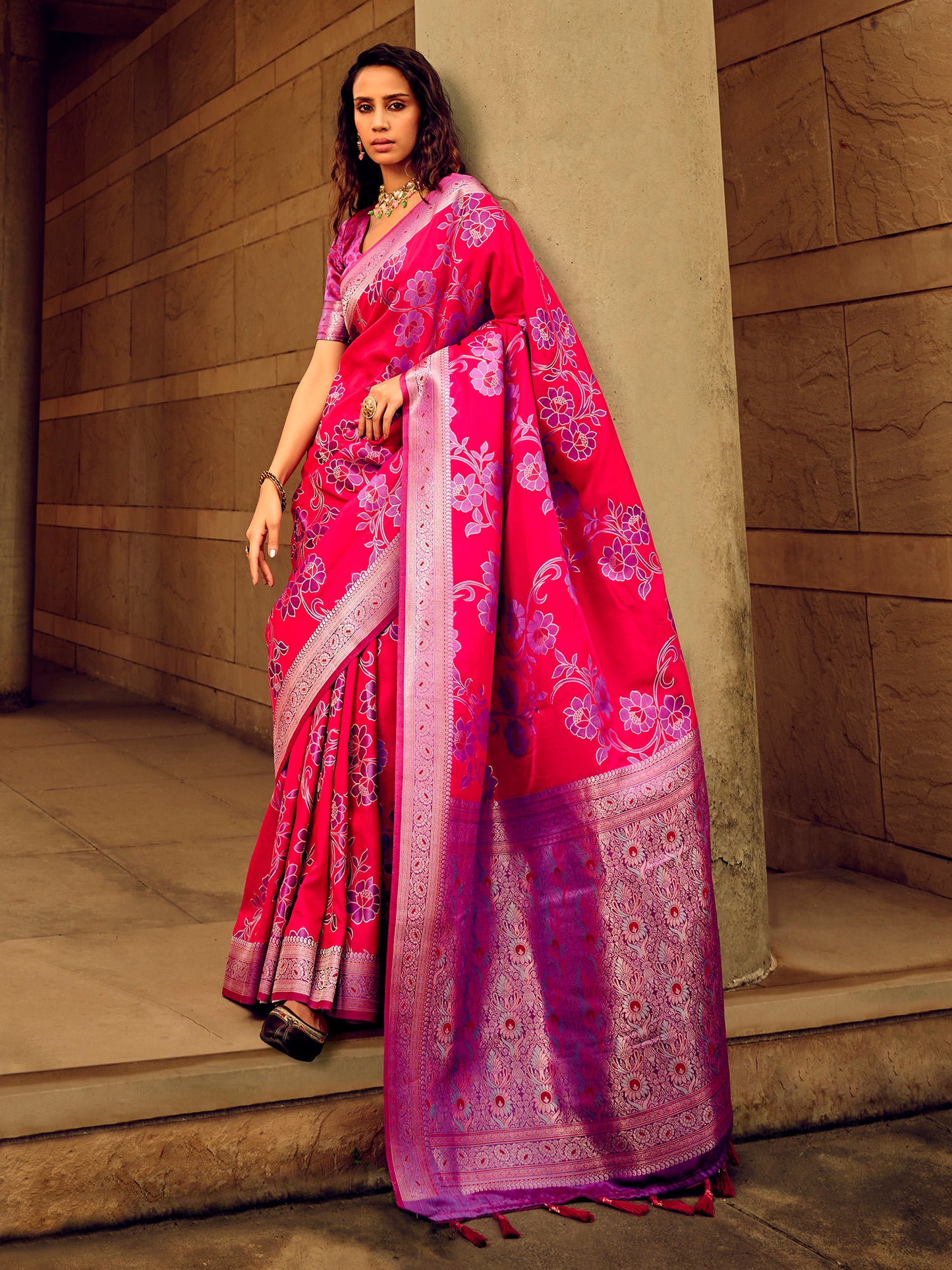 Women's Satin Silk Pink Woven Design Designer Saree With Blouse Piece