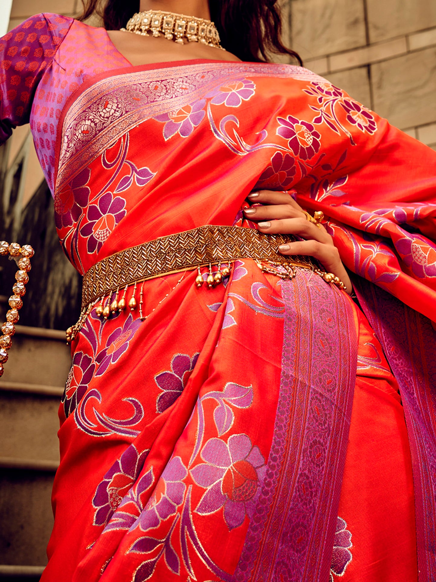 Women's Satin Silk Red Woven Design Designer Saree With Blouse Piece