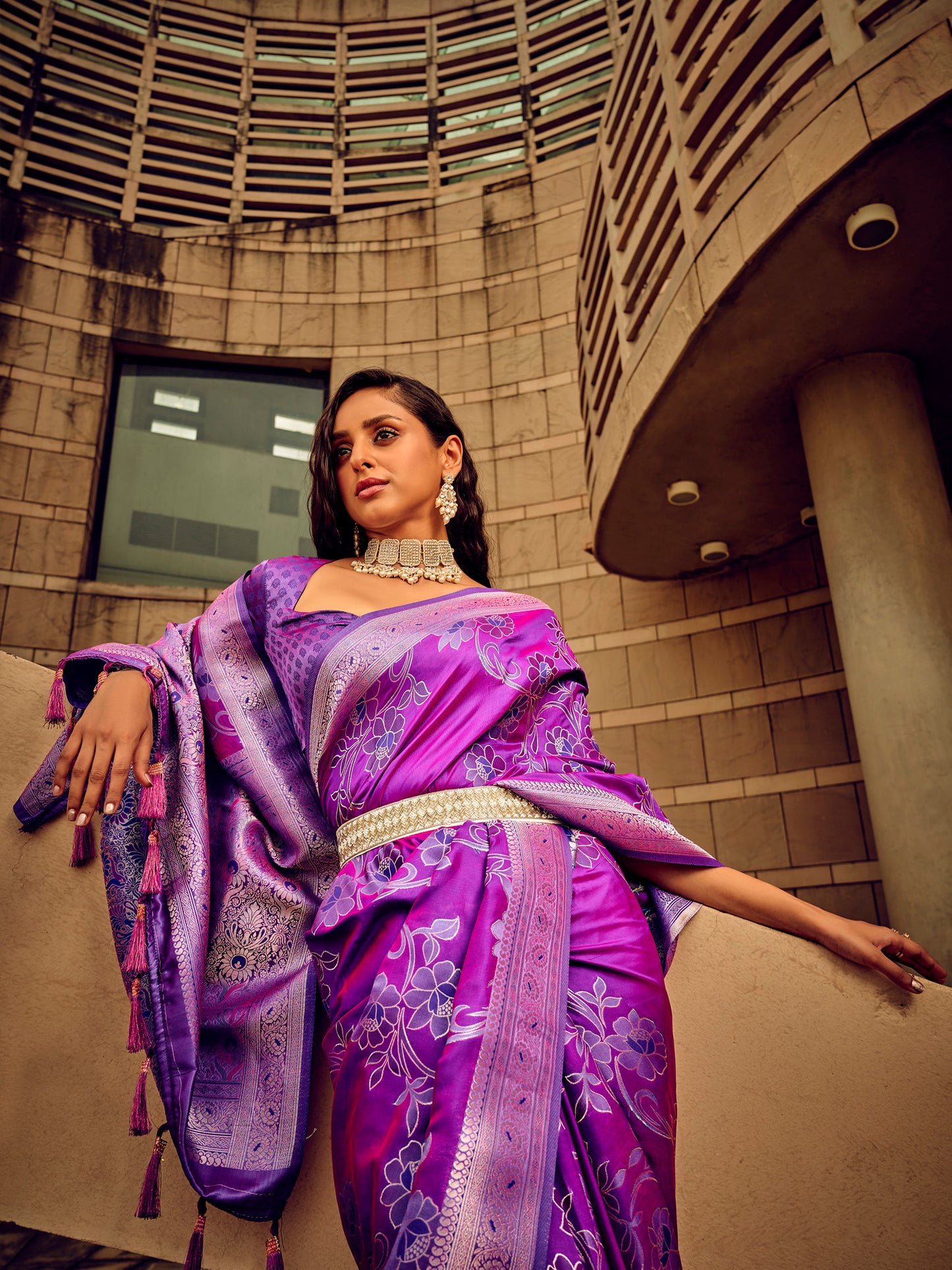 Women's Satin Silk Magenta Woven Design Designer Saree With Blouse Piece