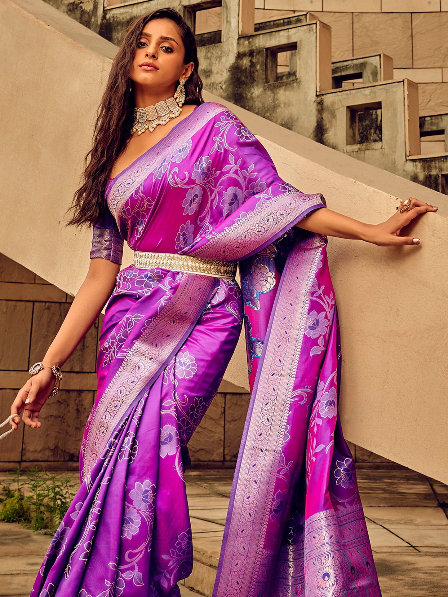 Women's Satin Silk Magenta Woven Design Designer Saree With Blouse Piece