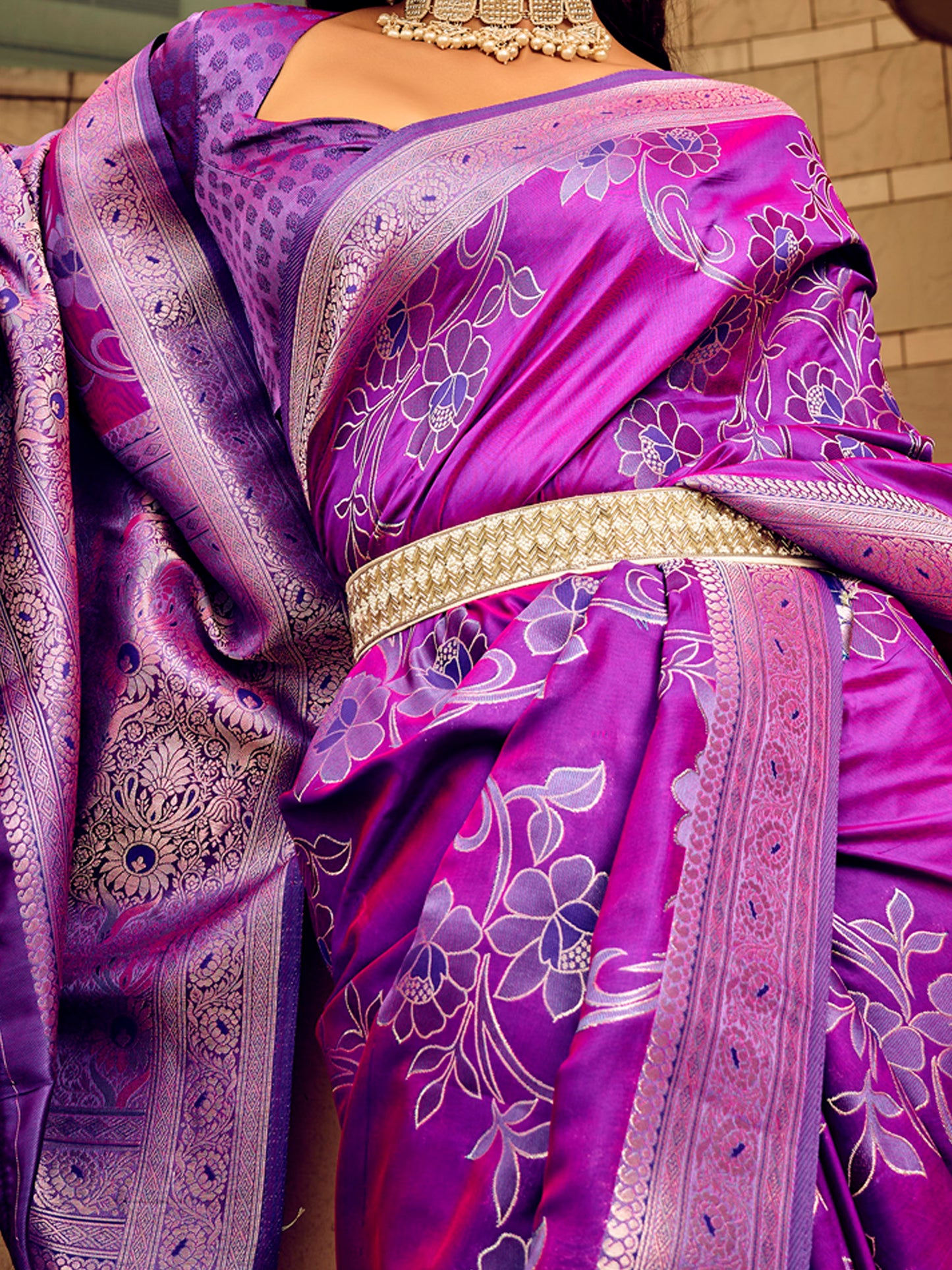 Women's Satin Silk Magenta Woven Design Designer Saree With Blouse Piece