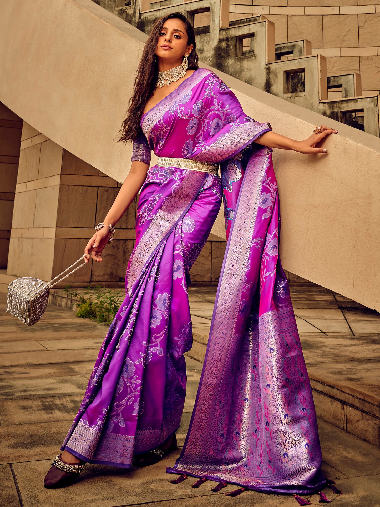 Women's Satin Silk Magenta Woven Design Designer Saree With Blouse Piece