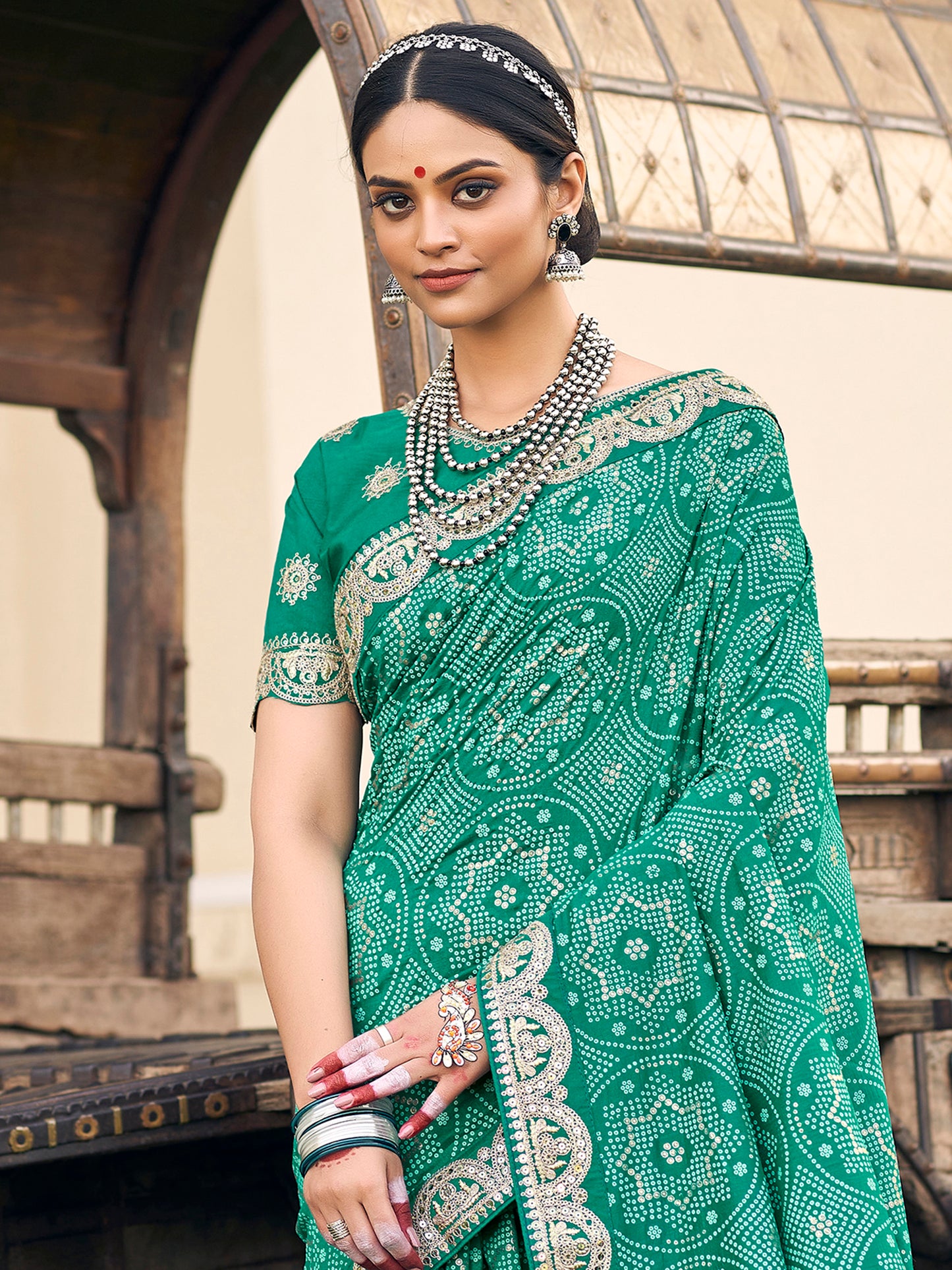 Women's Vichitra Silk Sea Green Embellished Designer Saree With Blouse Piece