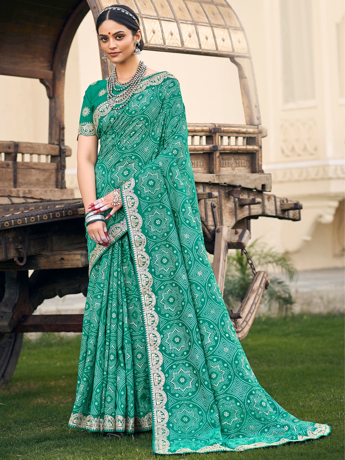 Women's Vichitra Silk Sea Green Embellished Designer Saree With Blouse Piece