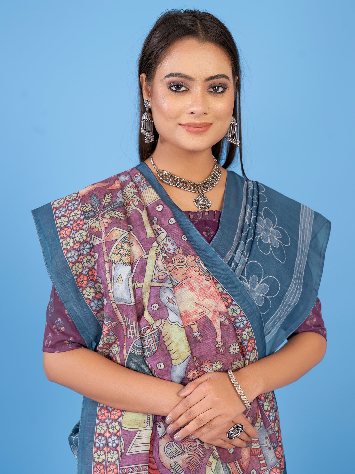 Women's Linen Blend Teal blue Printed Designer Saree With Blouse Piece