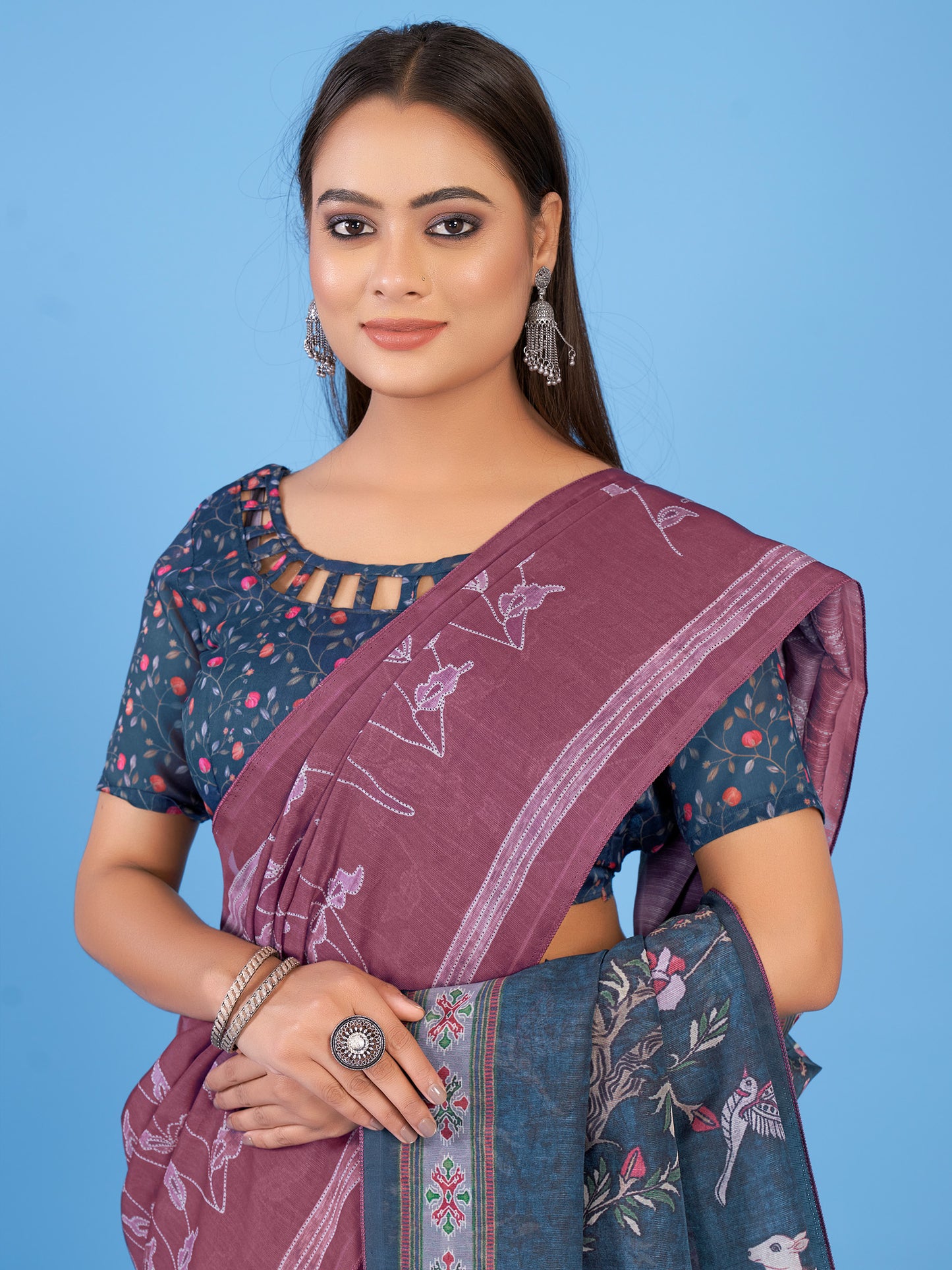 Women's Linen Blend Burgundy Printed Designer Saree With Blouse Piece