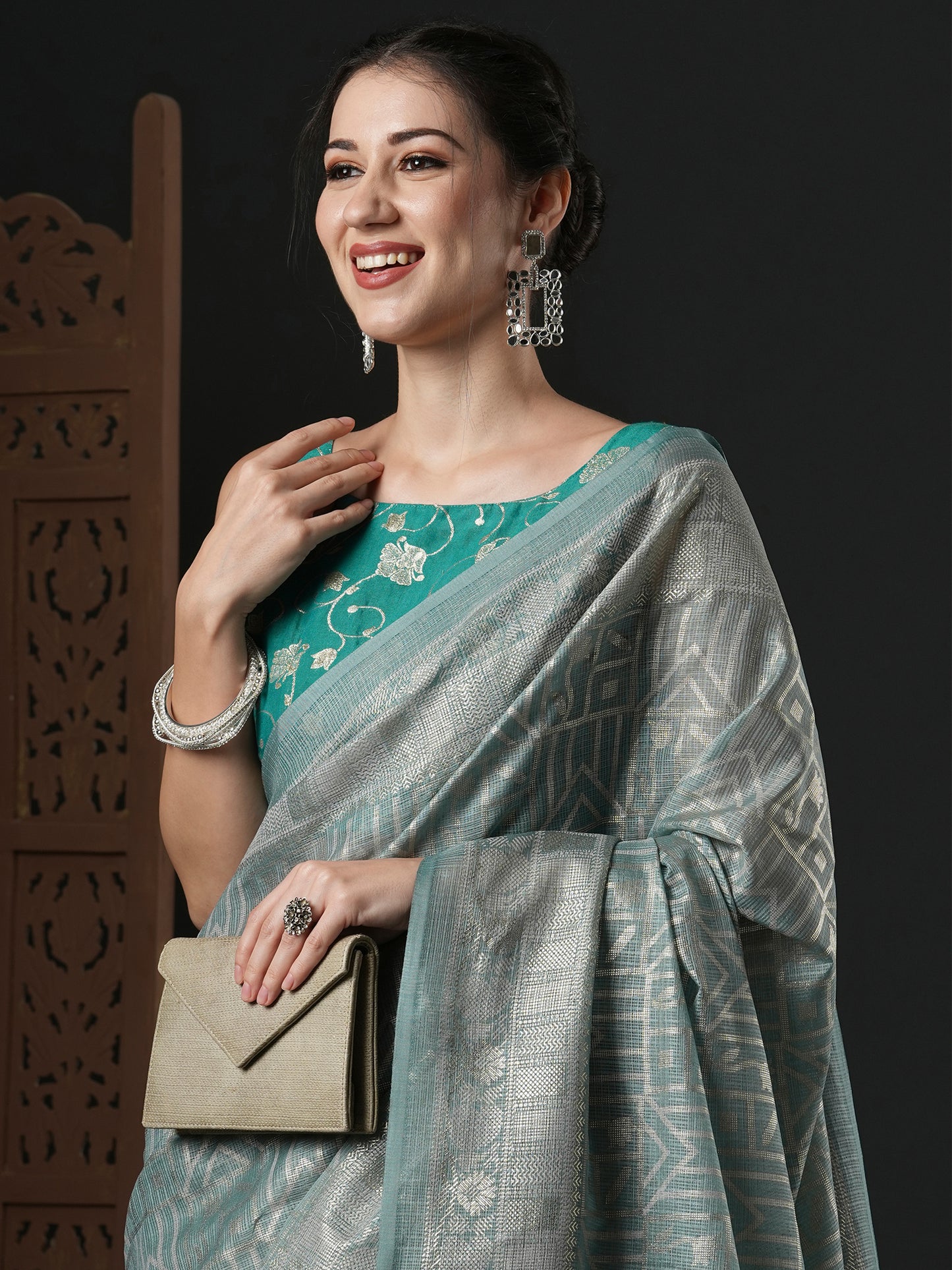 Women's Kota Doria Cotton Grey Printed Designer Saree With Blouse Piece