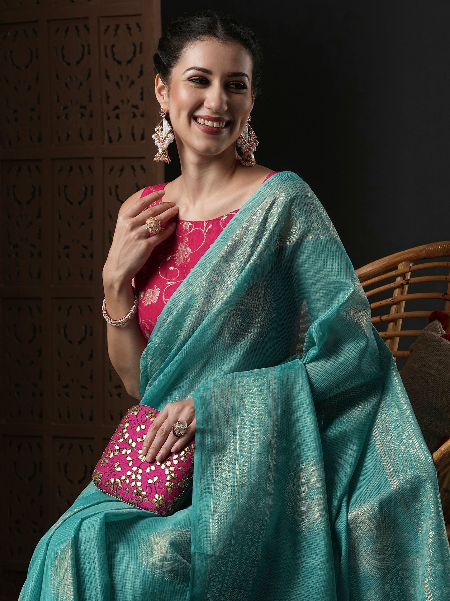 Women's Kota Doria Cotton Blue Printed Designer Saree With Blouse Piece