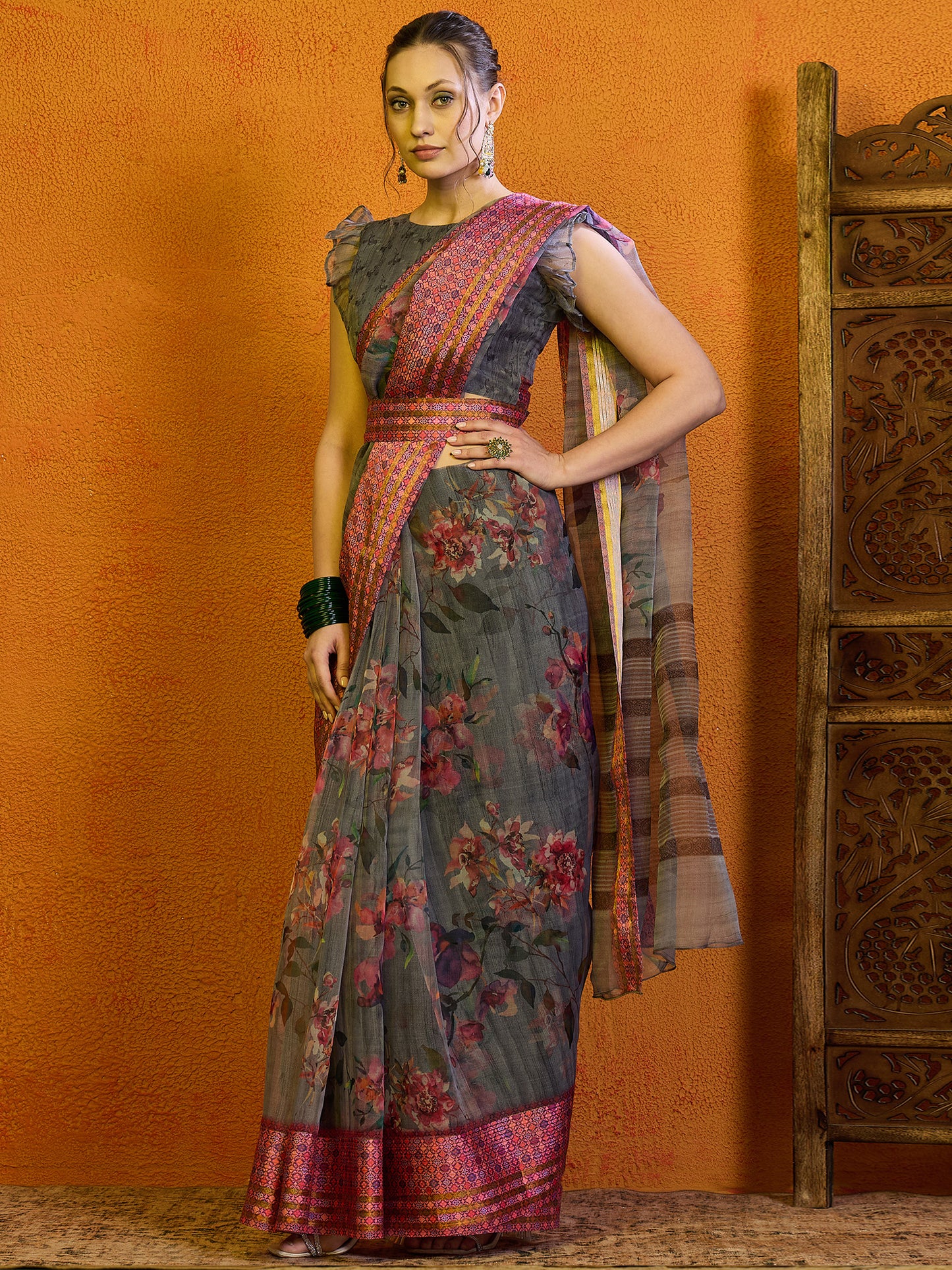 Women's Organza Grey Printed Designer Saree With Blouse Piece