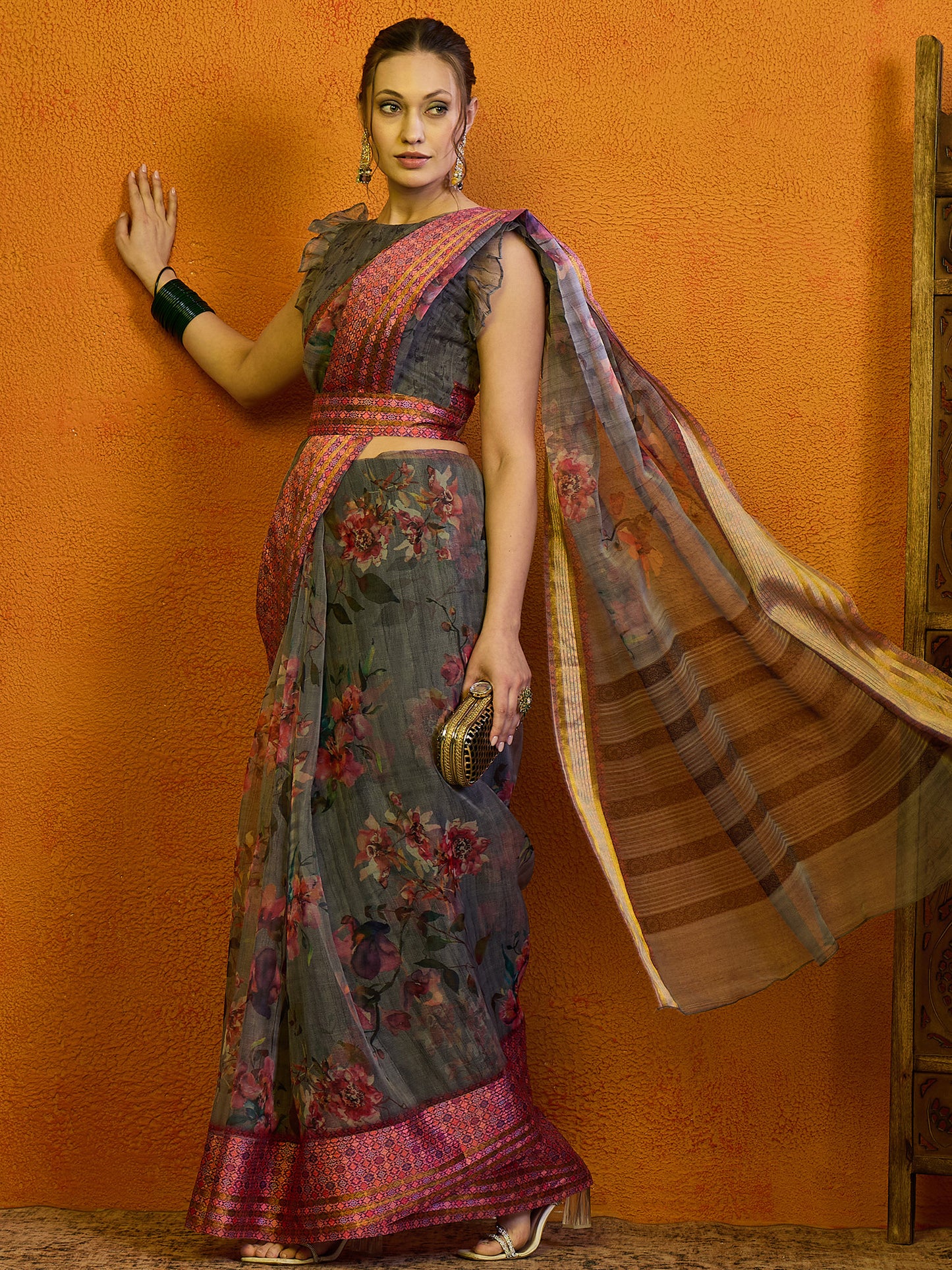 Women's Organza Grey Printed Designer Saree With Blouse Piece