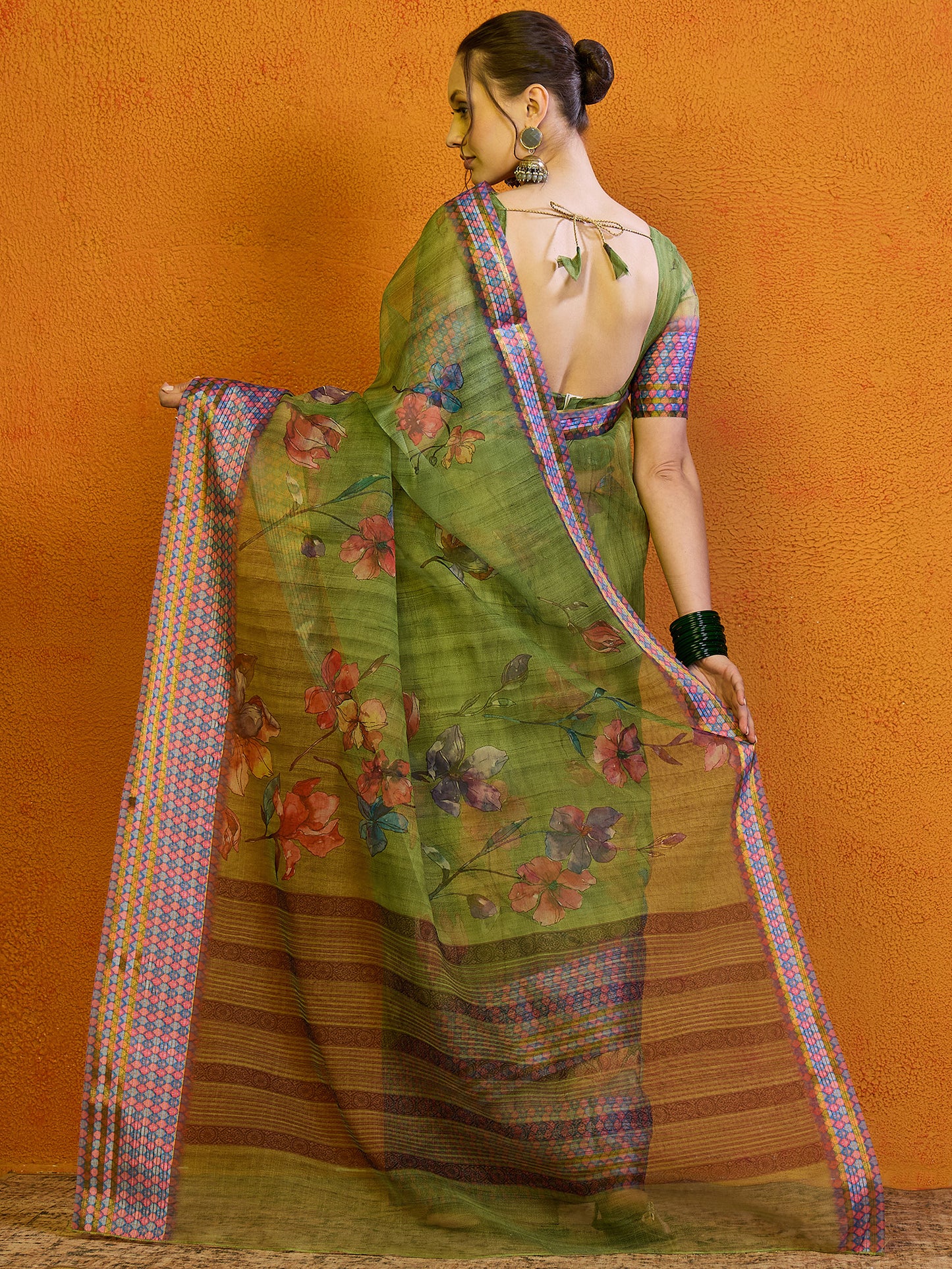 Women's Organza Green Printed Designer Saree With Blouse Piece