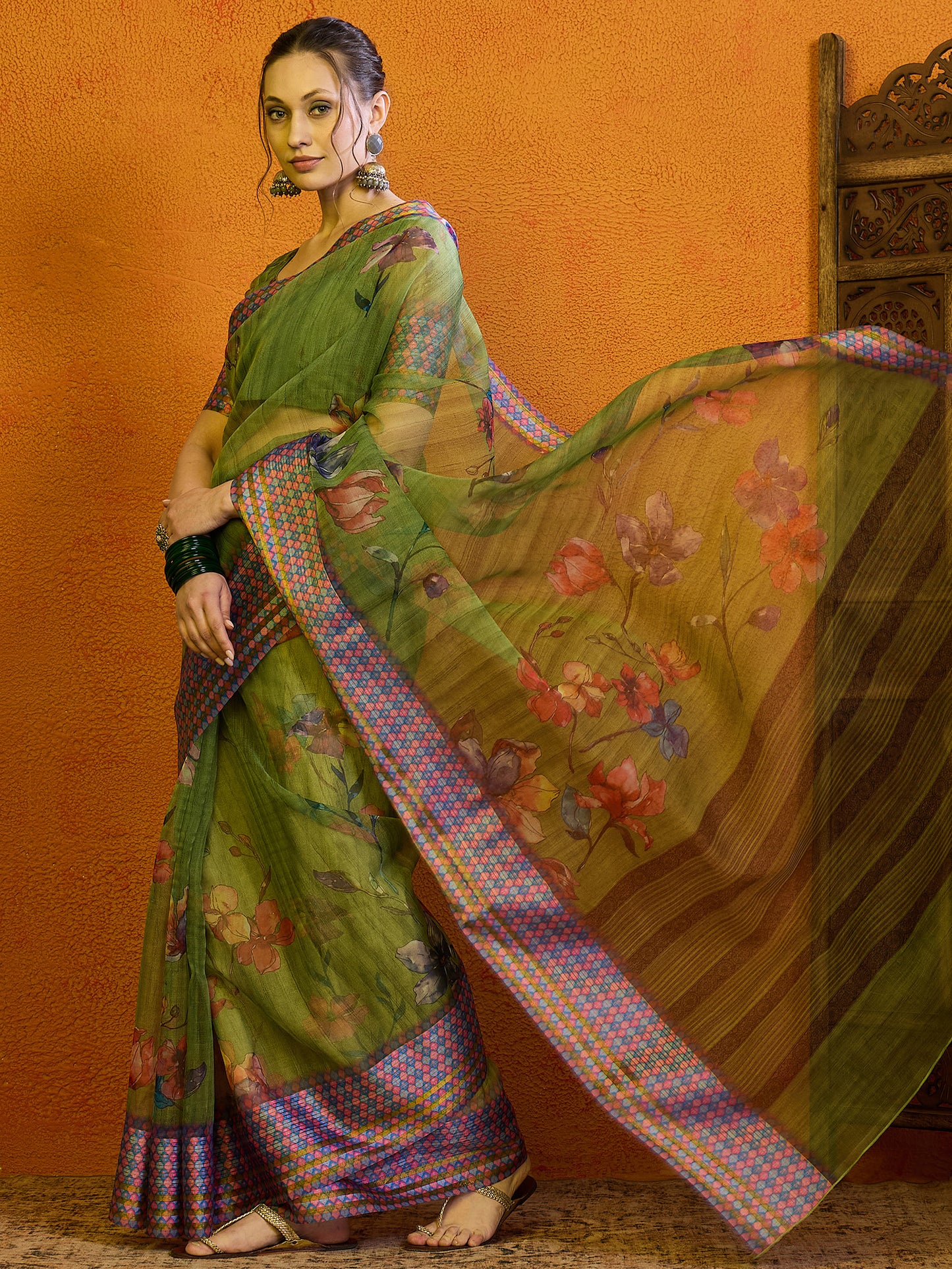 Women's Organza Green Printed Designer Saree With Blouse Piece
