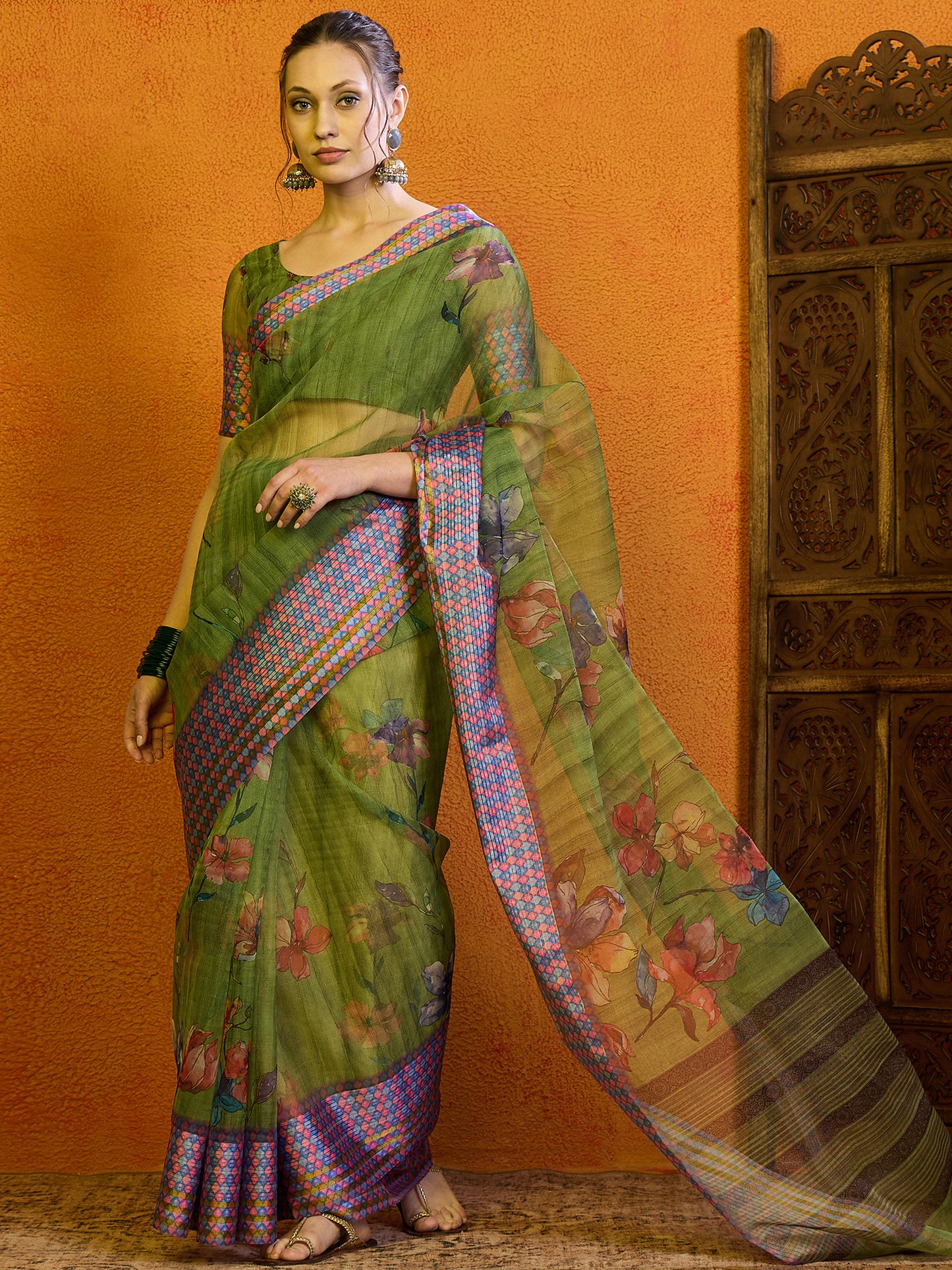 Women's Organza Green Printed Designer Saree With Blouse Piece