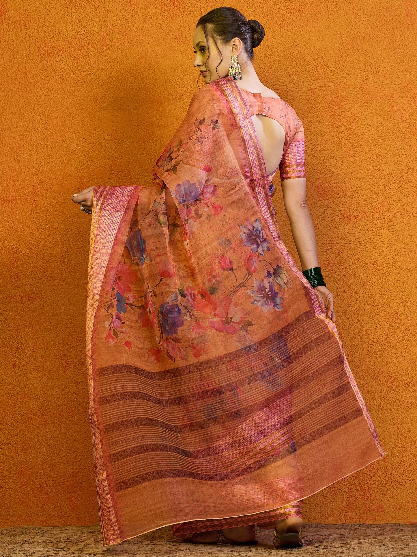 Women's Organza Peach Printed Designer Saree With Blouse Piece