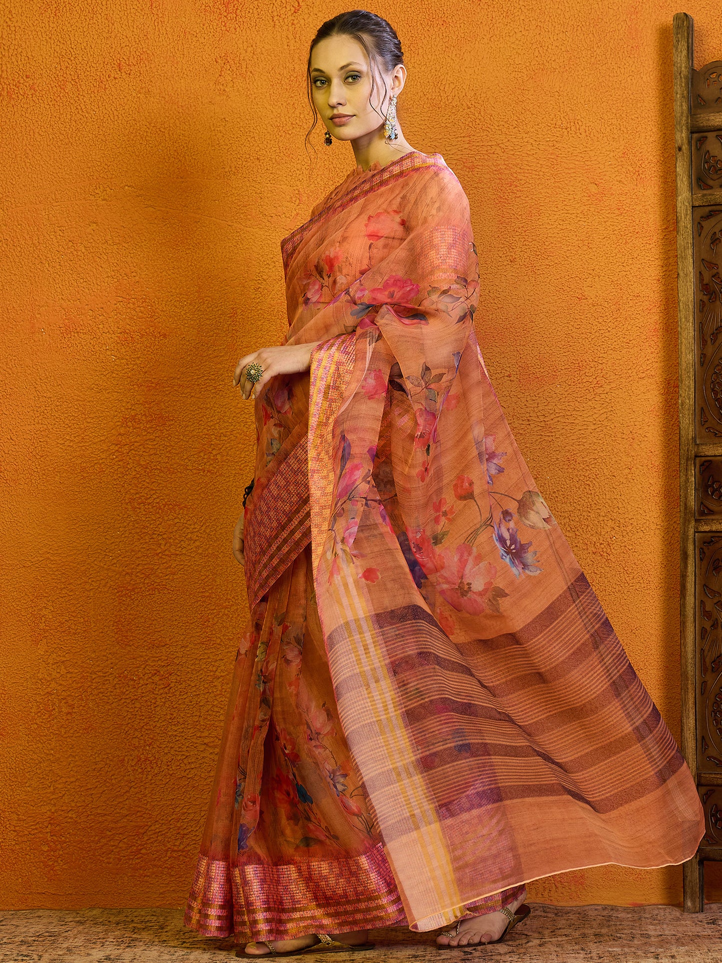 Women's Organza Peach Printed Designer Saree With Blouse Piece