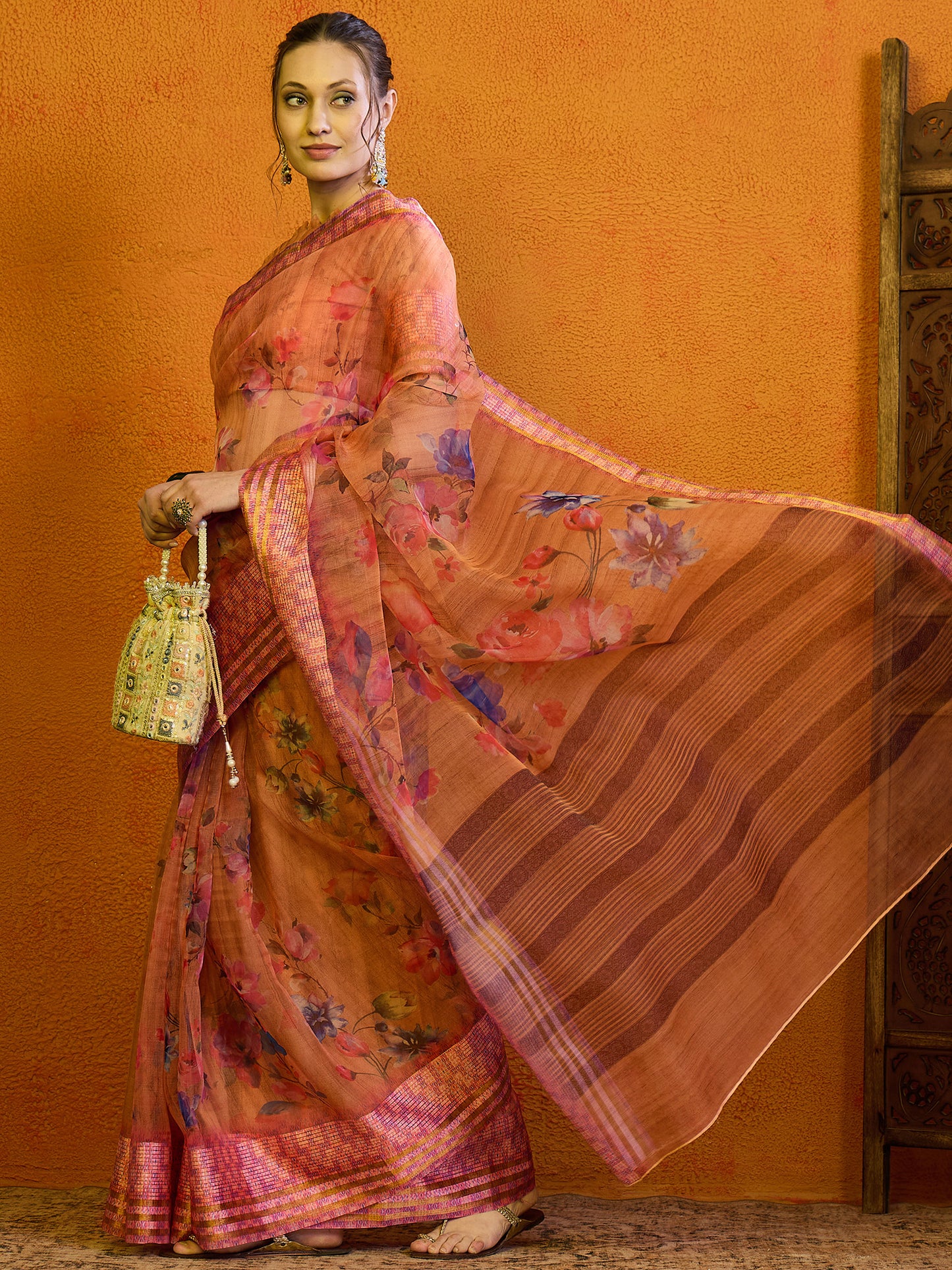 Women's Organza Peach Printed Designer Saree With Blouse Piece