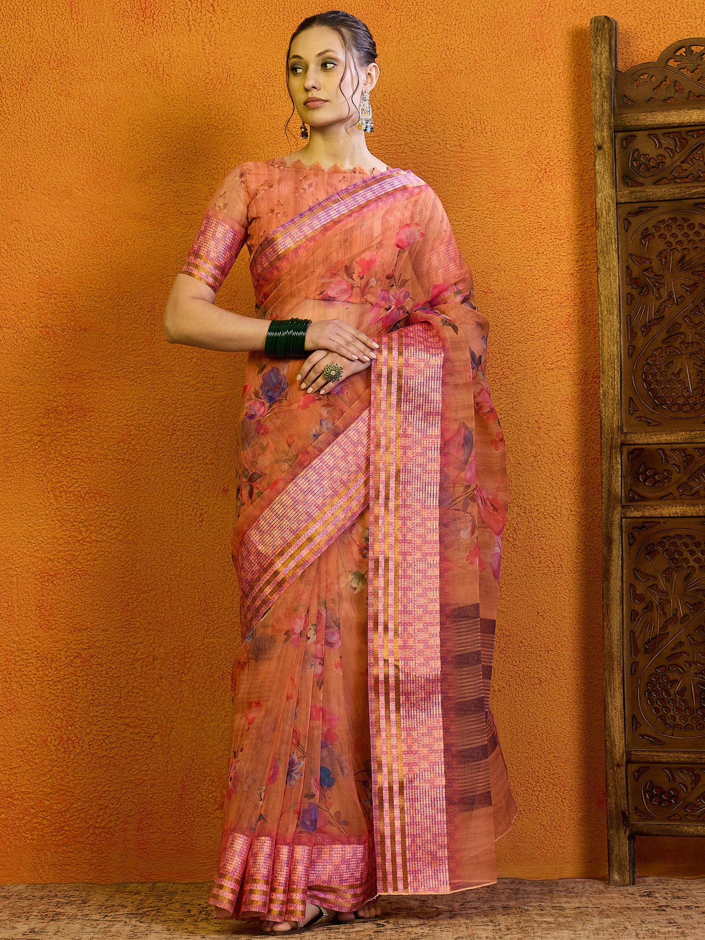 Women's Organza Peach Printed Designer Saree With Blouse Piece