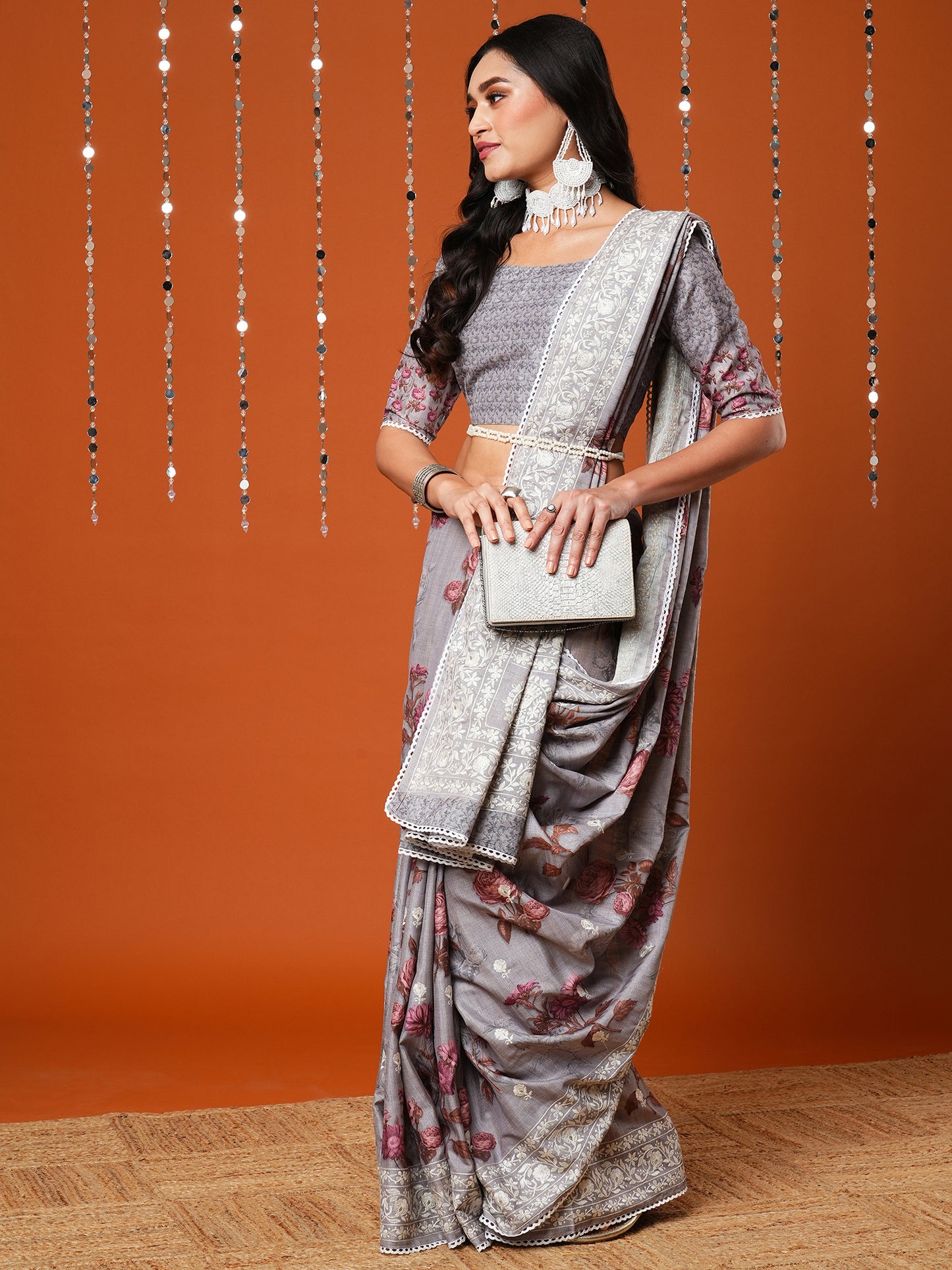 Women's Dola Silk Grey Embroidered Designer Saree With Blouse Piece
