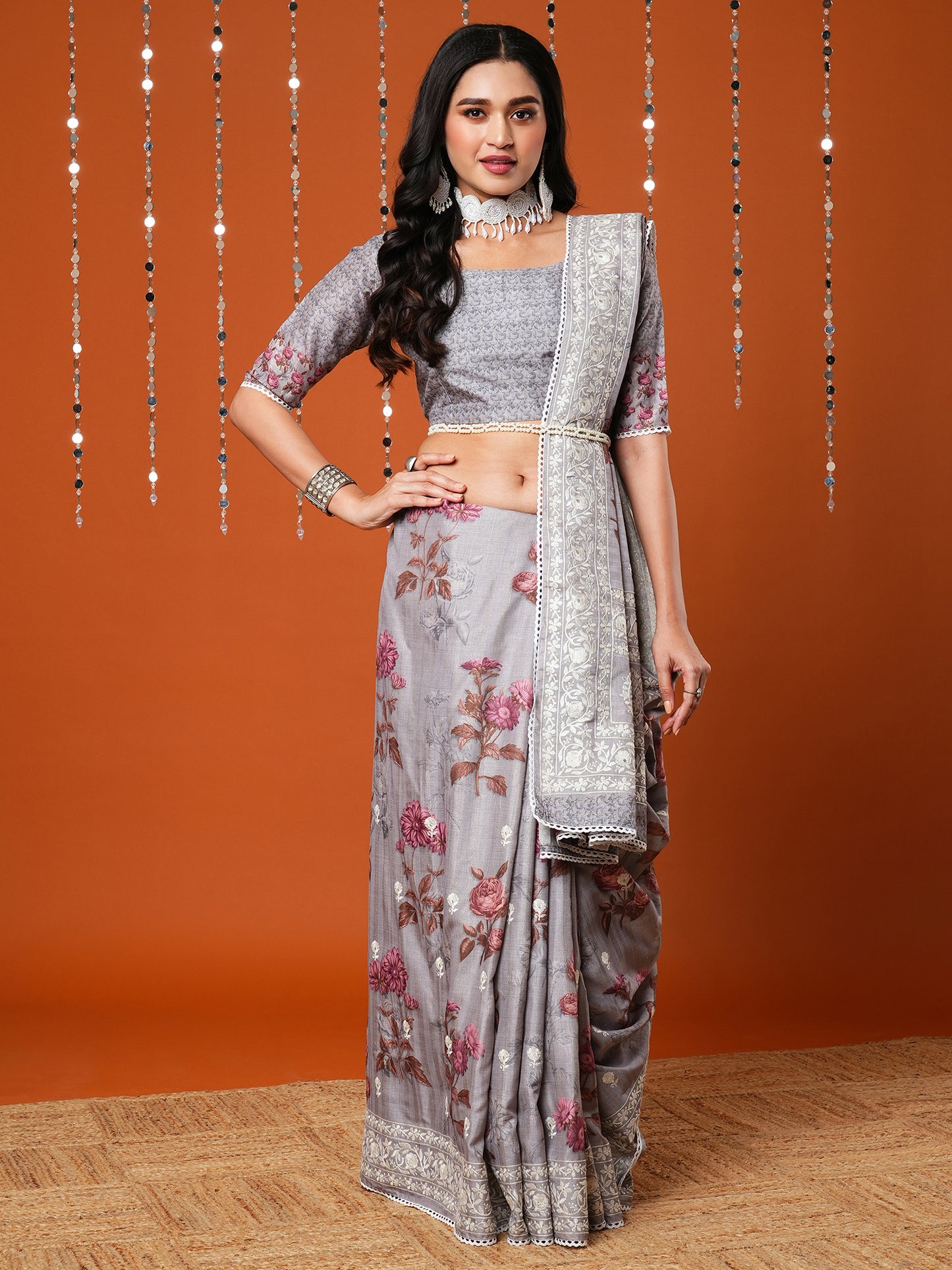 Women's Dola Silk Grey Embroidered Designer Saree With Blouse Piece