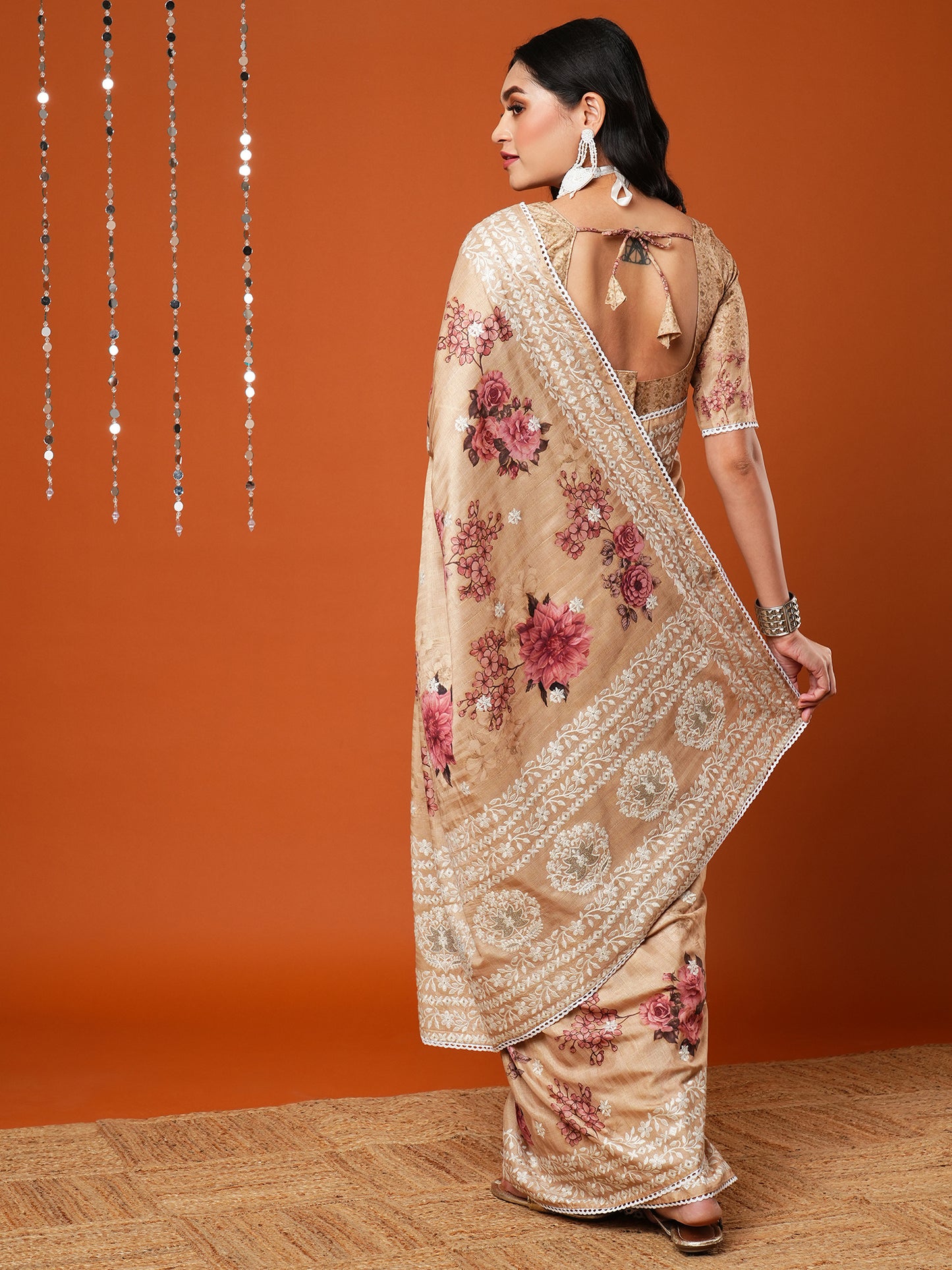 Women's Dola Silk Cream Embroidered Designer Saree With Blouse Piece