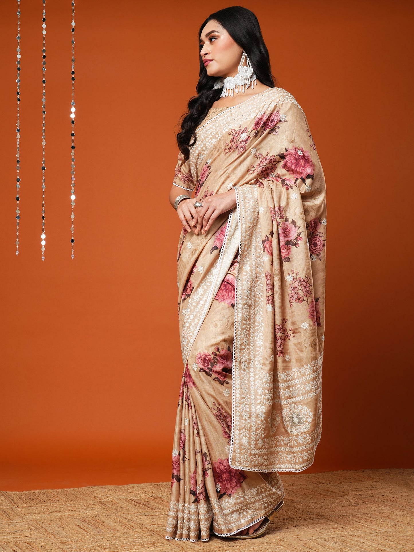 Women's Dola Silk Cream Embroidered Designer Saree With Blouse Piece