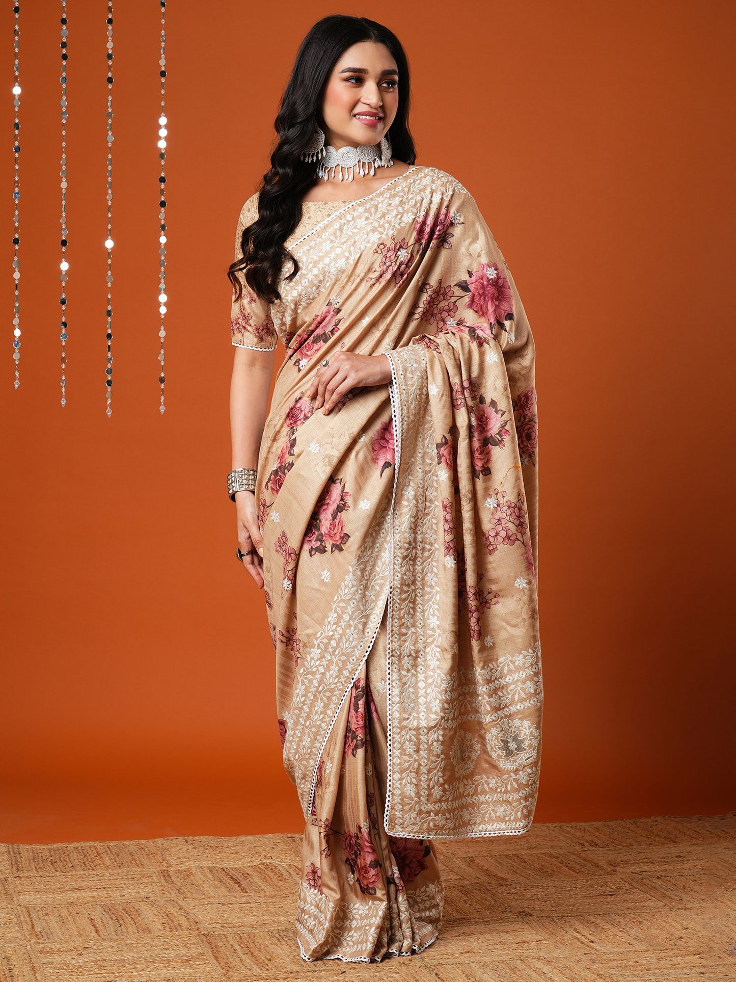 Women's Dola Silk Cream Embroidered Designer Saree With Blouse Piece