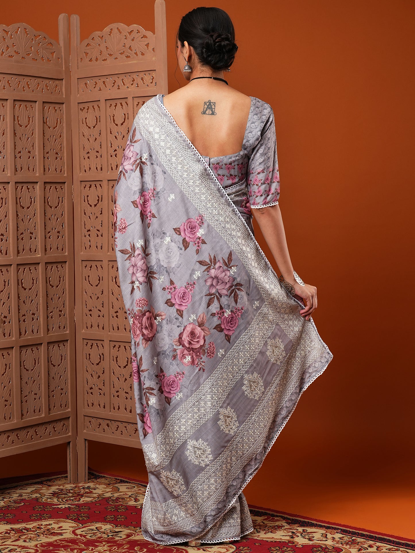 Women's Dola Silk Grey Embroidered Designer Saree With Blouse Piece