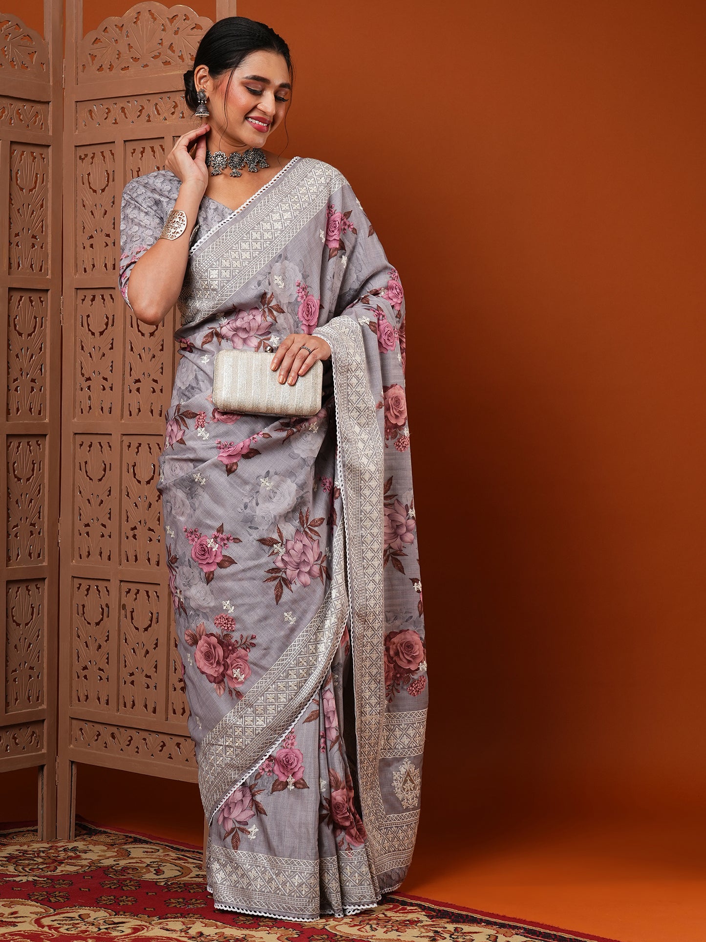 Women's Dola Silk Grey Embroidered Designer Saree With Blouse Piece