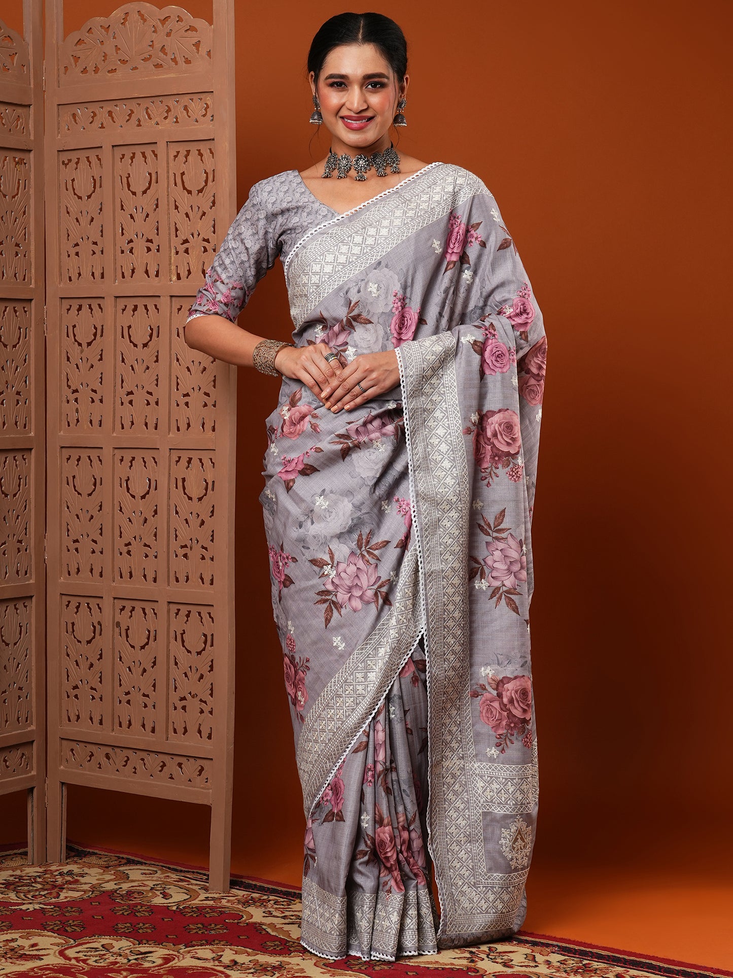 Women's Dola Silk Grey Embroidered Designer Saree With Blouse Piece