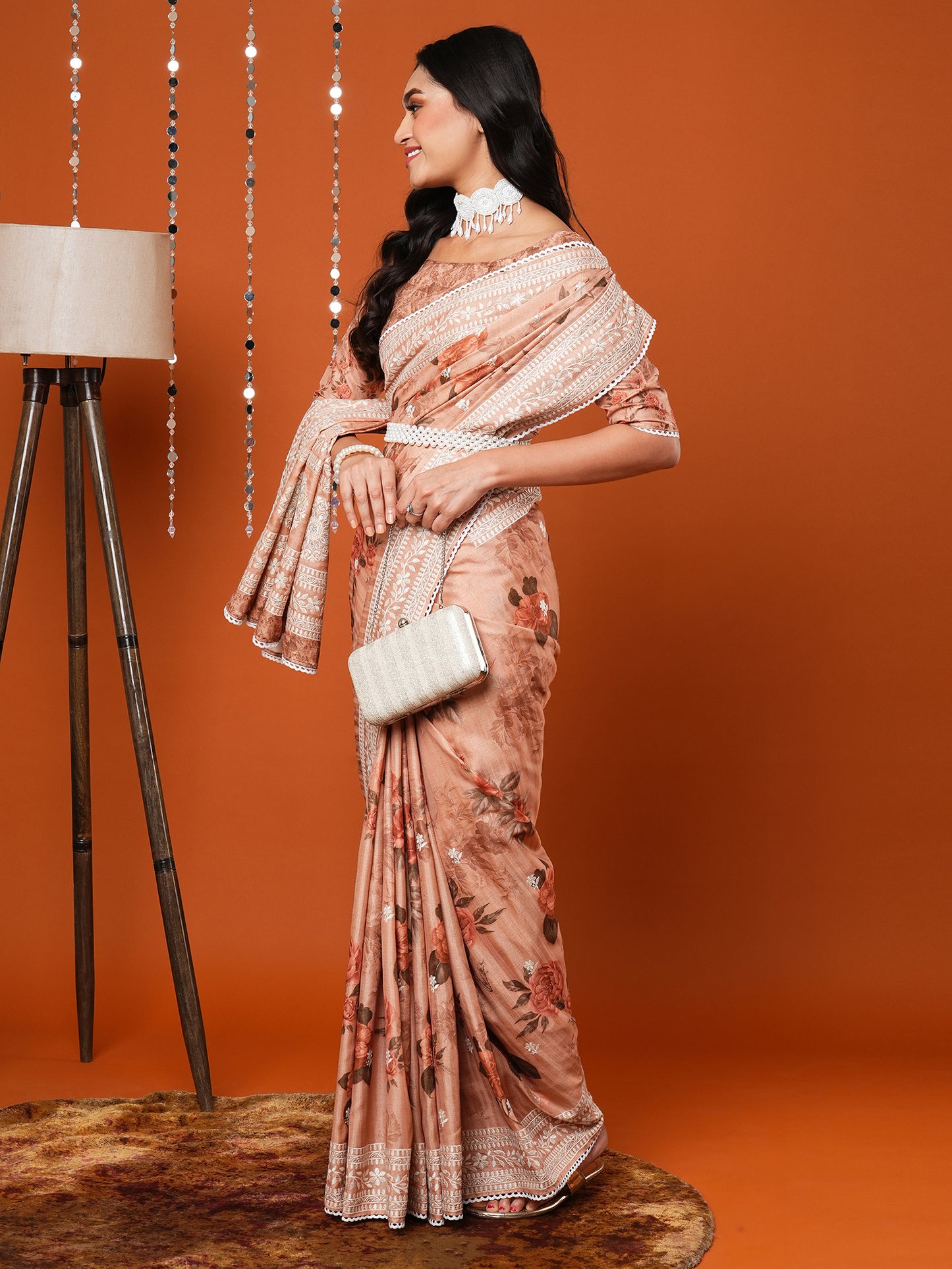 Women's Dola Silk Cream Embroidered Designer Saree With Blouse Piece