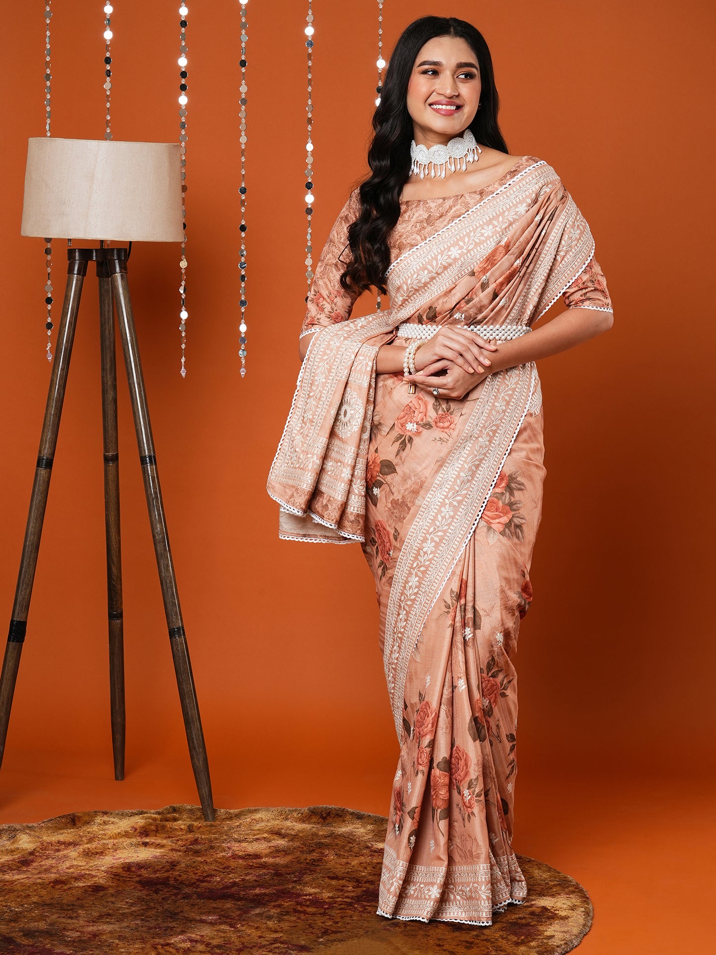 Women's Dola Silk Cream Embroidered Designer Saree With Blouse Piece