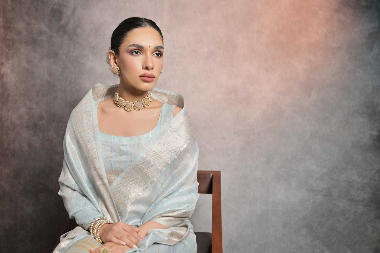 Dhiyona GR Women's Celeste Blue Soft Mulberry Tissue Cotton Saree