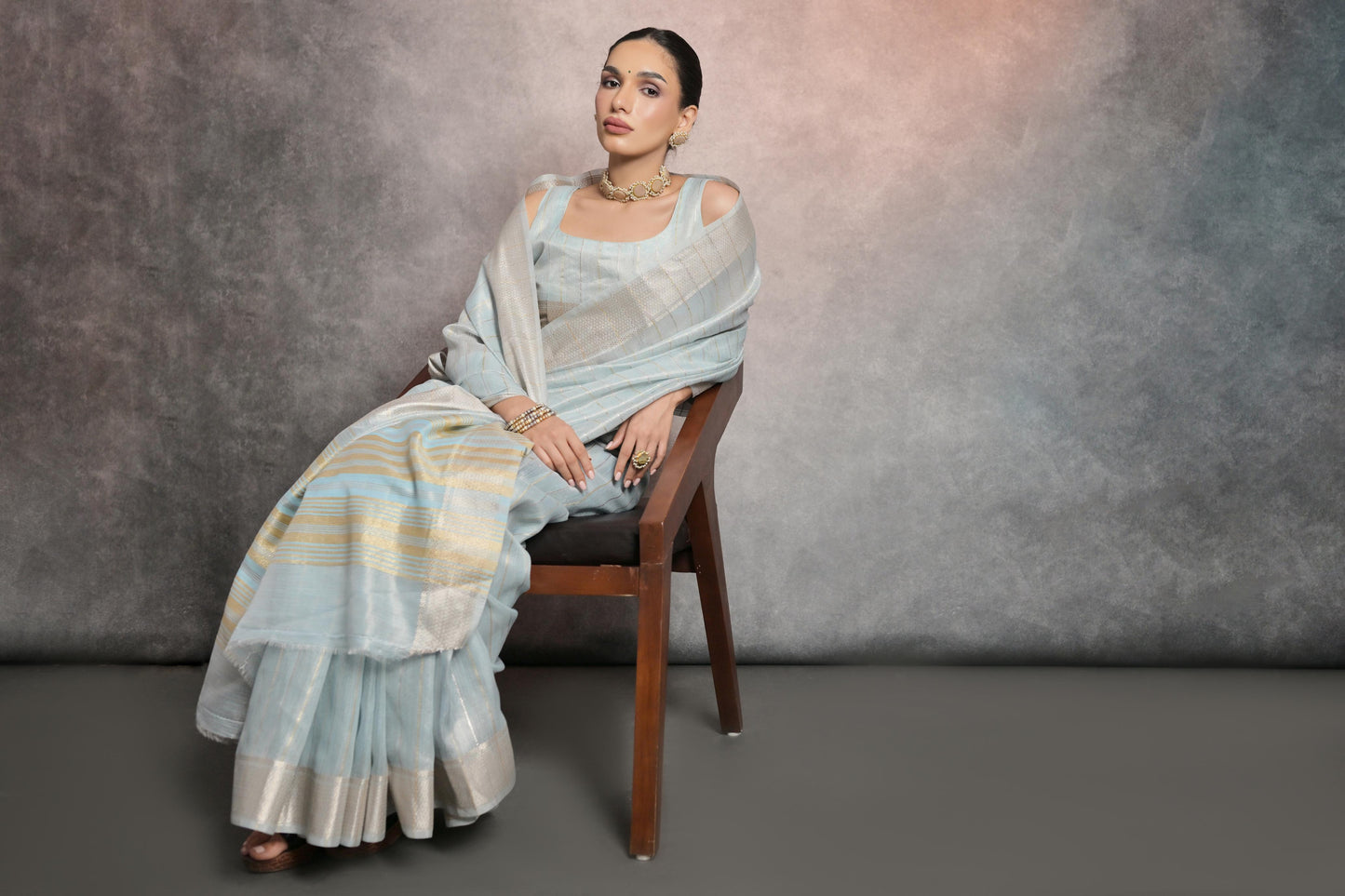 Dhiyona GR Women's Celeste Blue Soft Mulberry Tissue Cotton Saree