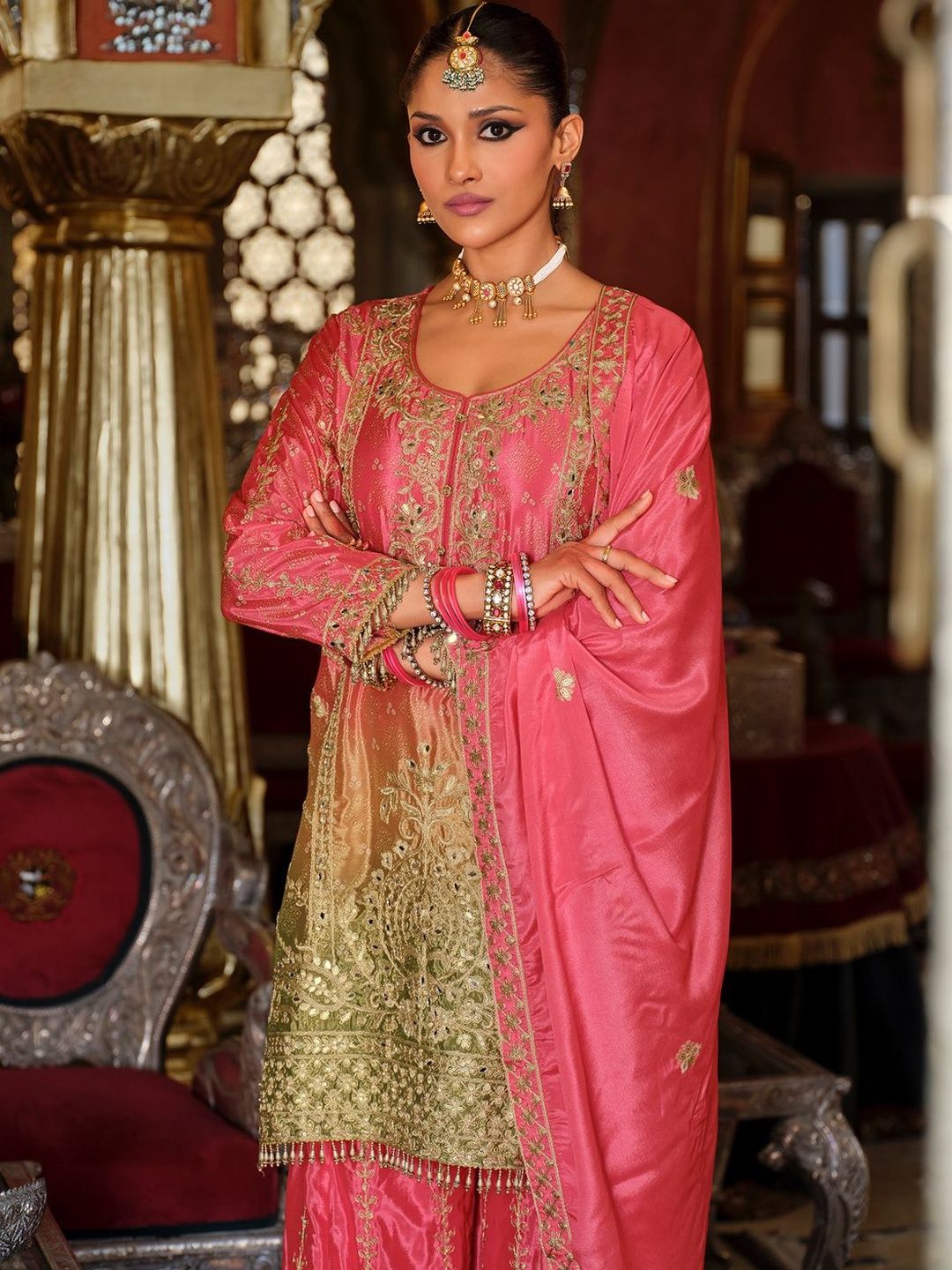 Women Ethnic Motifs Embroidered Kurta with Palazzos & Dupatta
