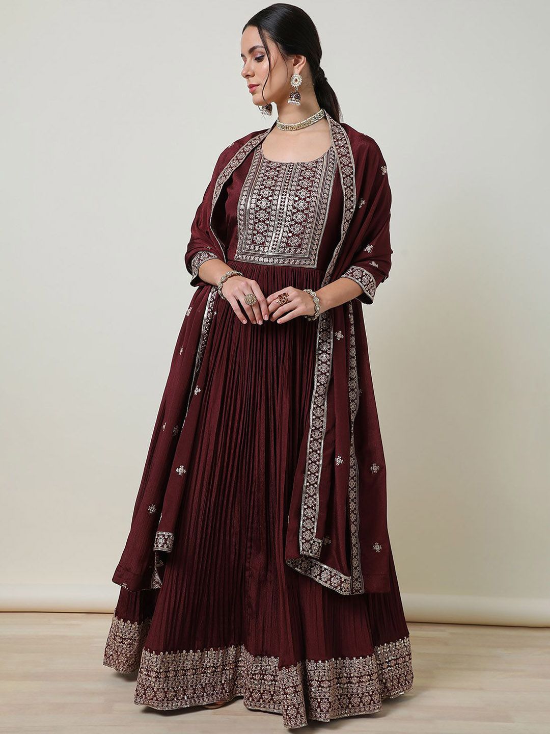 Dhiyona SO Women's Women Paisley Embroidered Angrakha Sequinned Kurta with Churidar & With Dupatta