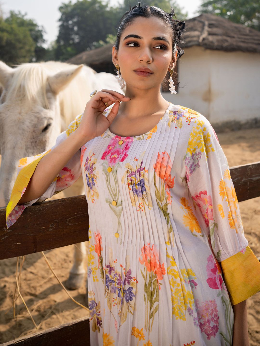Dhiyona IE Floral Printed Pleated Pure Cotton A-Line Kurta With Trousers