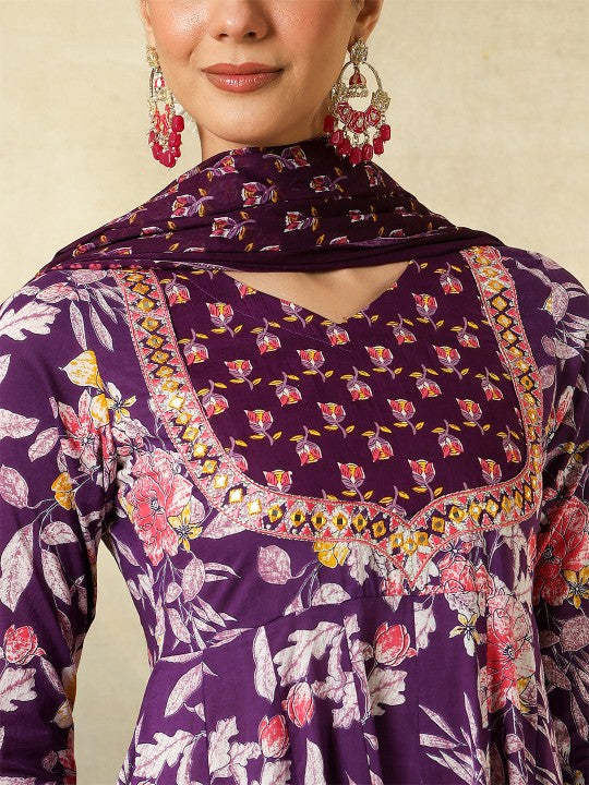 Women's Floral Printed V-Neck Pure Cotton Kurta With Palazzos And Dupatta