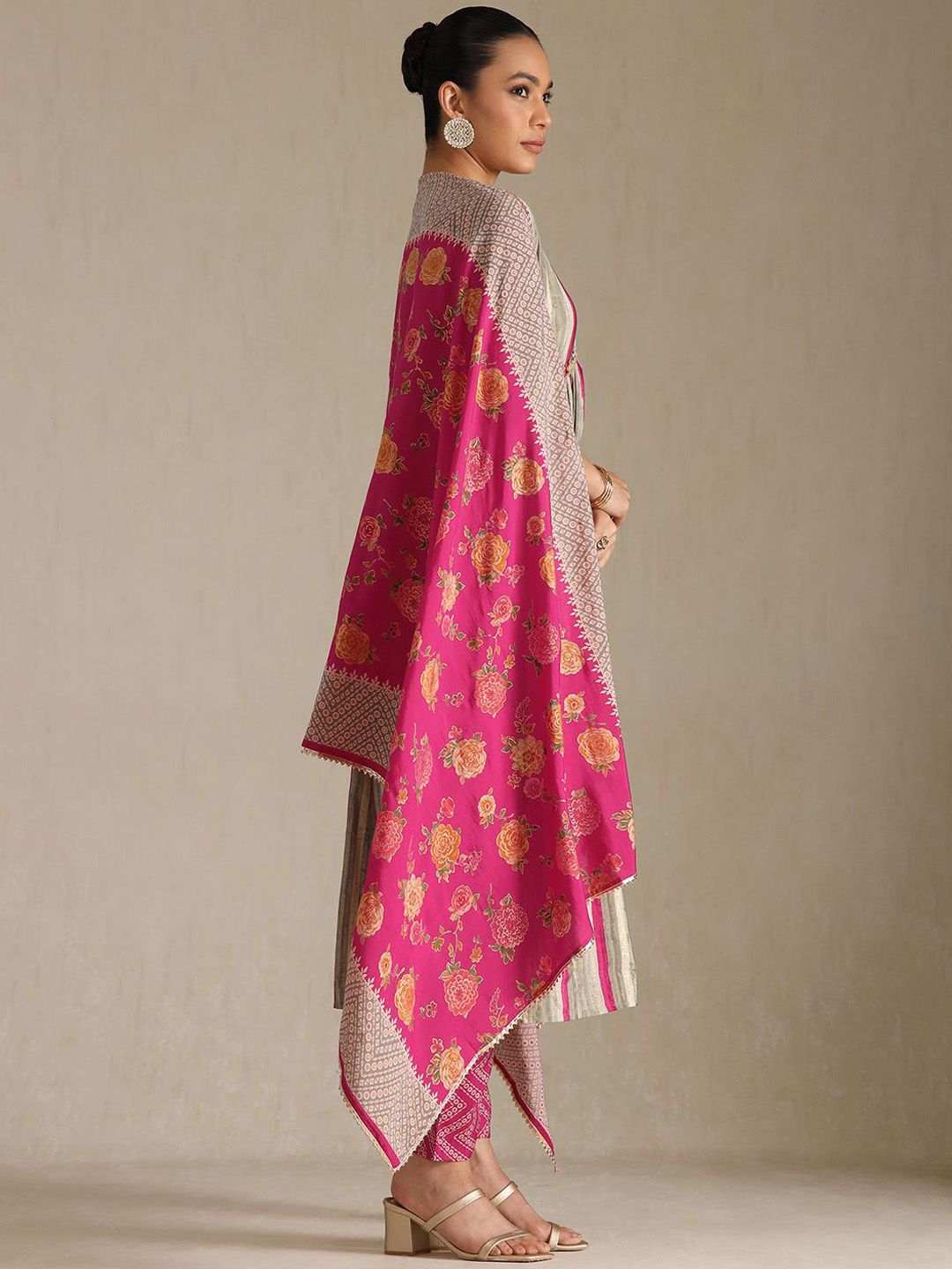Dhiyona SO Women's Striped V-Neck Beads & Stones Empire Anarkali Kurta With Trousers & Dupatta