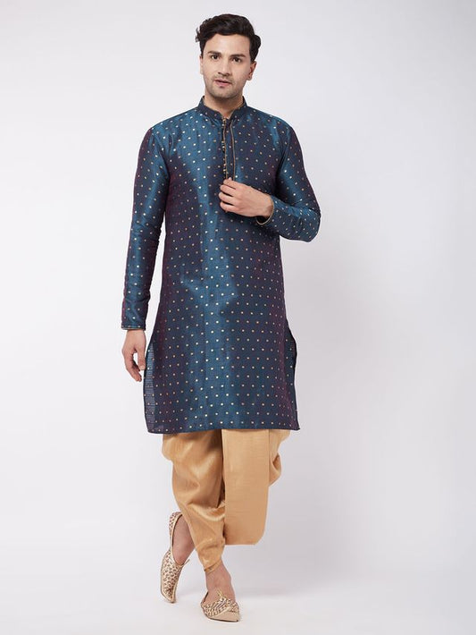Men's Blue Silk Blend Straight Kurta and Dhoti Set
