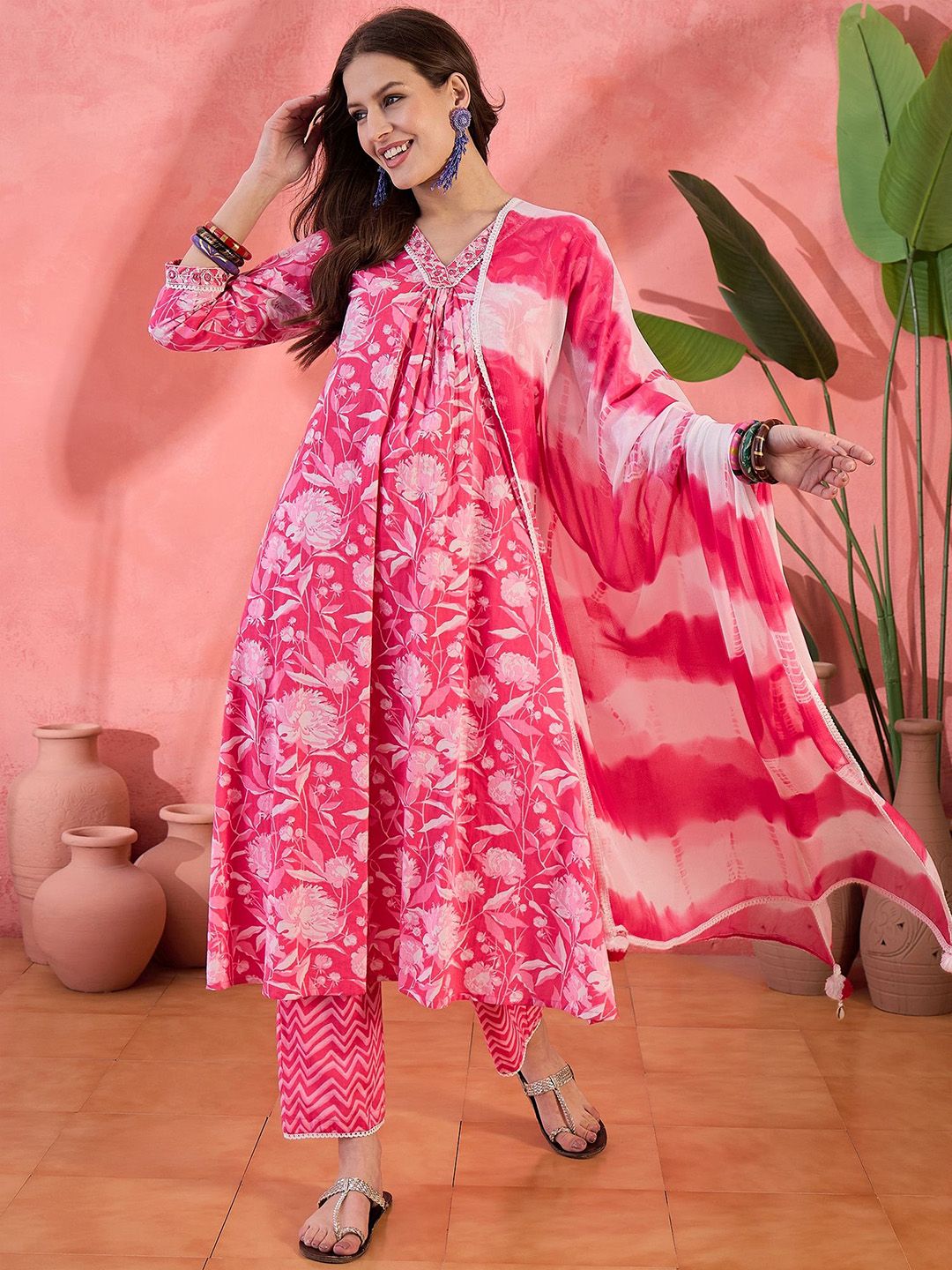 Dhiyona SN Women's Pink Floral Printed Pure Cotton A-Line Kurta With Trouser And Dupatta