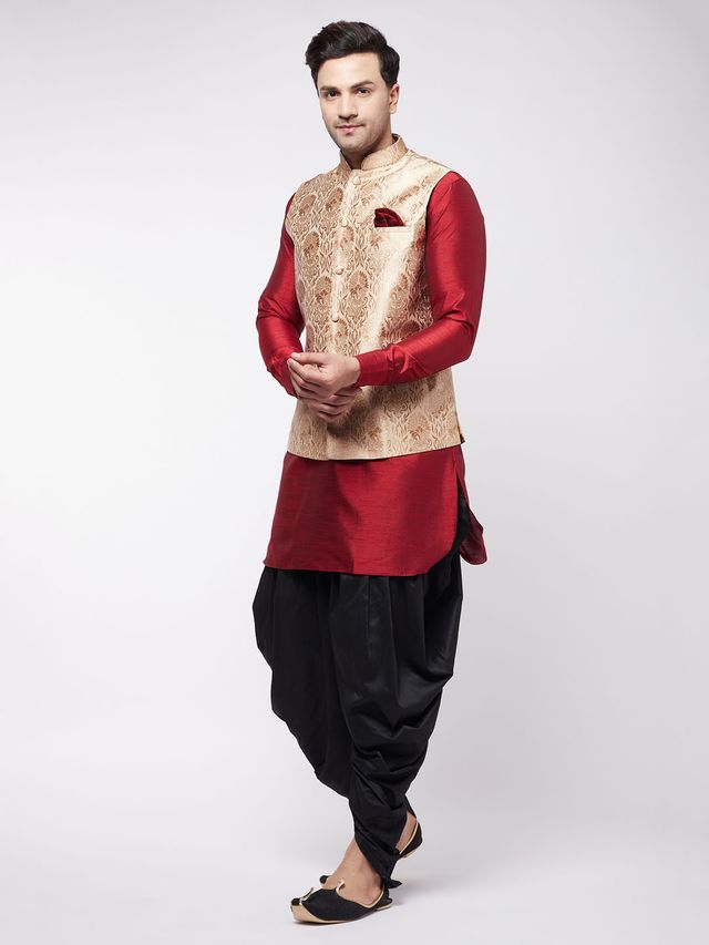 Men's Maroon Silk Blend Straight Jacket Kurta and Dhoti Set