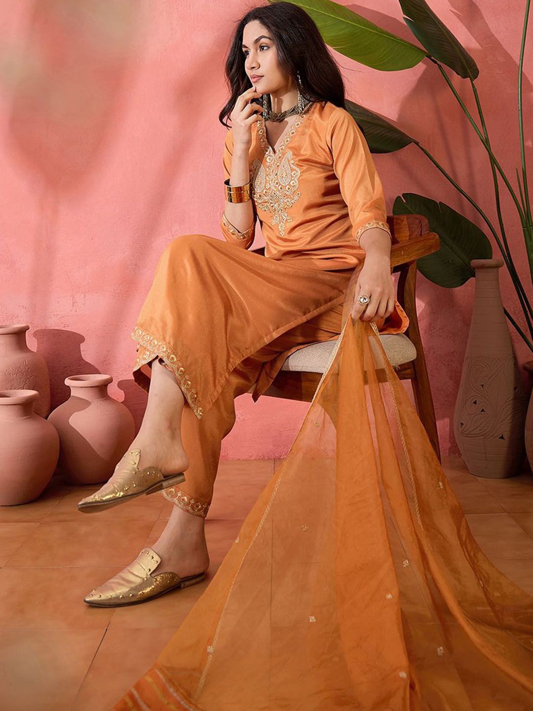 Dhiyona SN Women's Zari Sequence Embroidered Kurta Trouser With Dupatta