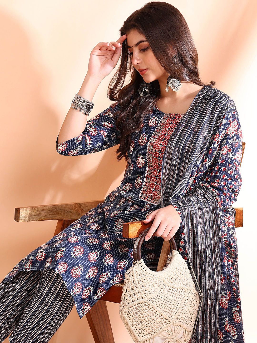 Dhiyona OD Printed Thread Work Pure Cotton Kurta With Trousers & Dupatta