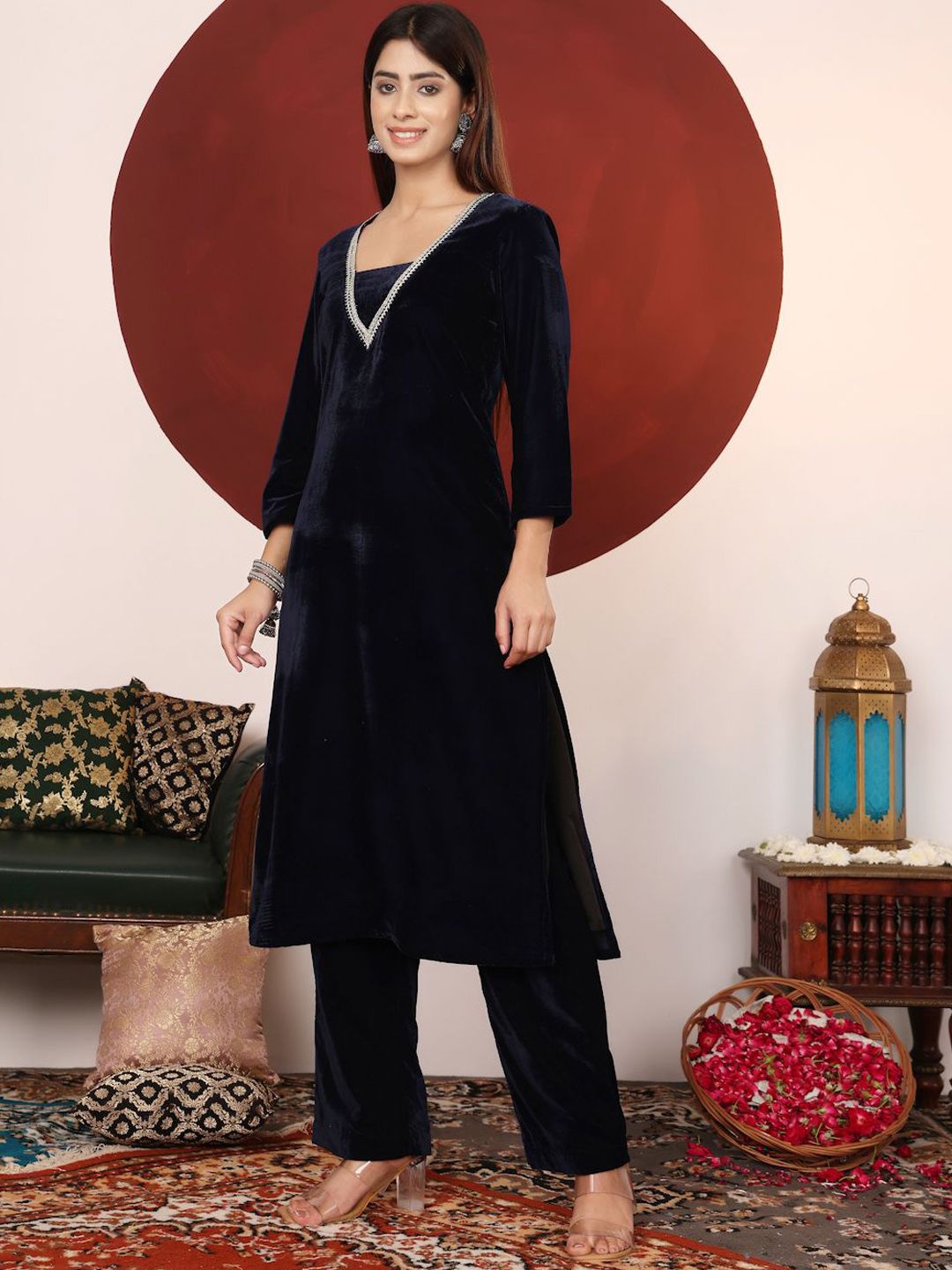 Dhiyona VA Women's V Neck Zari Embroidered Velvet Kurta with Trouser