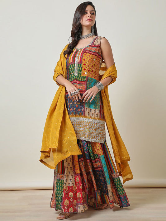 Dhiyona SO Women's Mustard Yellow Ethnic Motifs Printed Zari Straight Kurta With Sharara & Dupatta