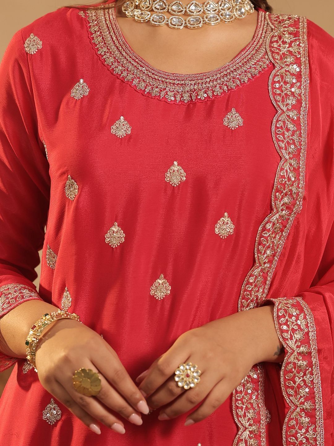 Ethnic Motifs Embroidered Straight Chinon Kurta & Palazzos With Dupatta