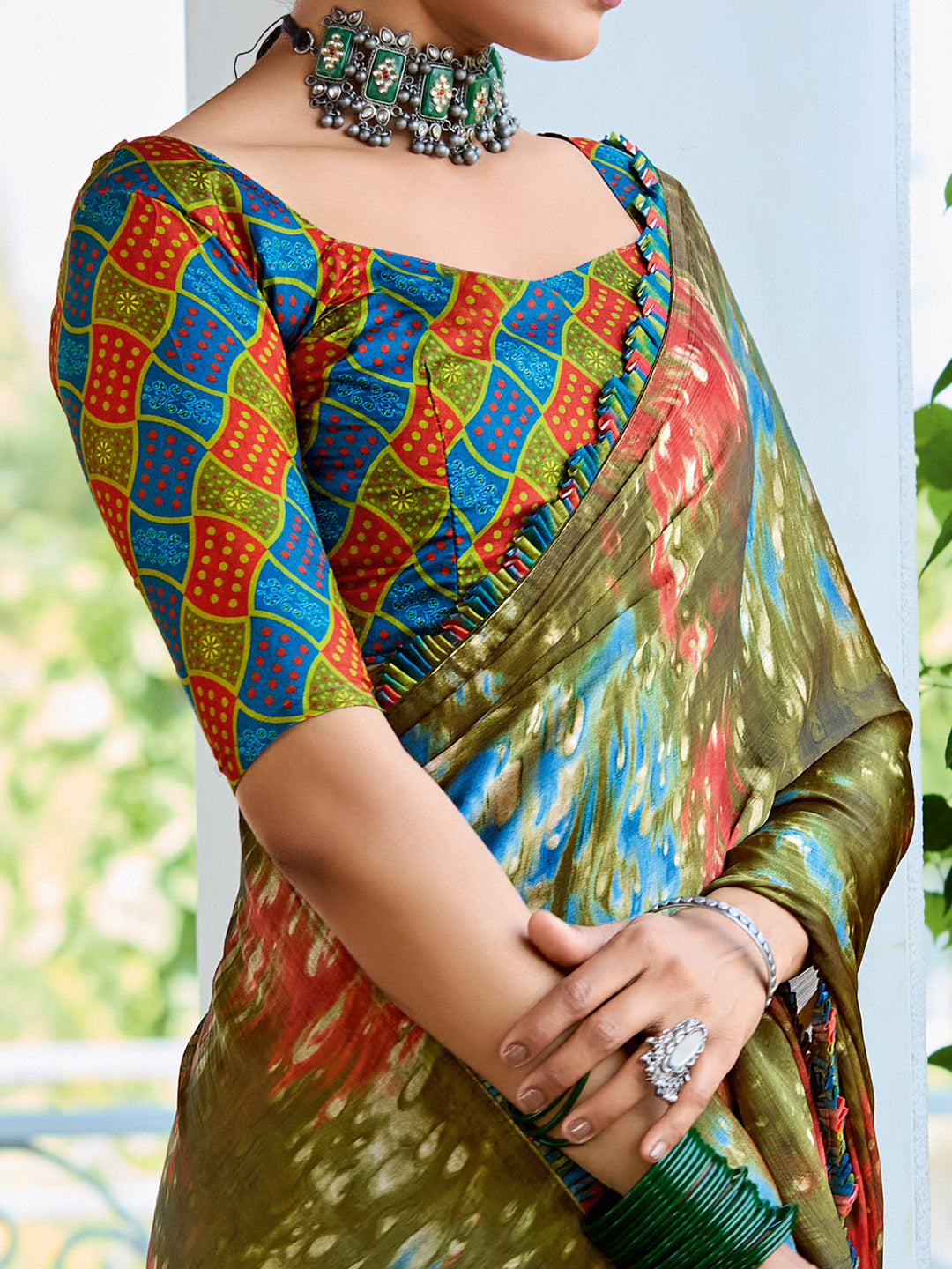 Women's Satin Silk Olive Printed Designer Saree With Blouse Piece