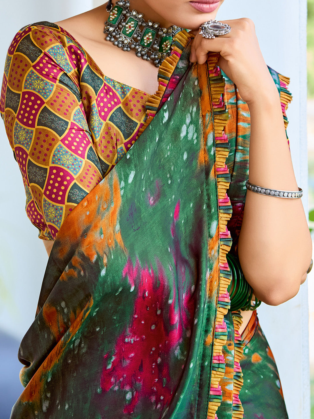 Women's Satin Silk Mustard Printed Designer Saree With Blouse Piece